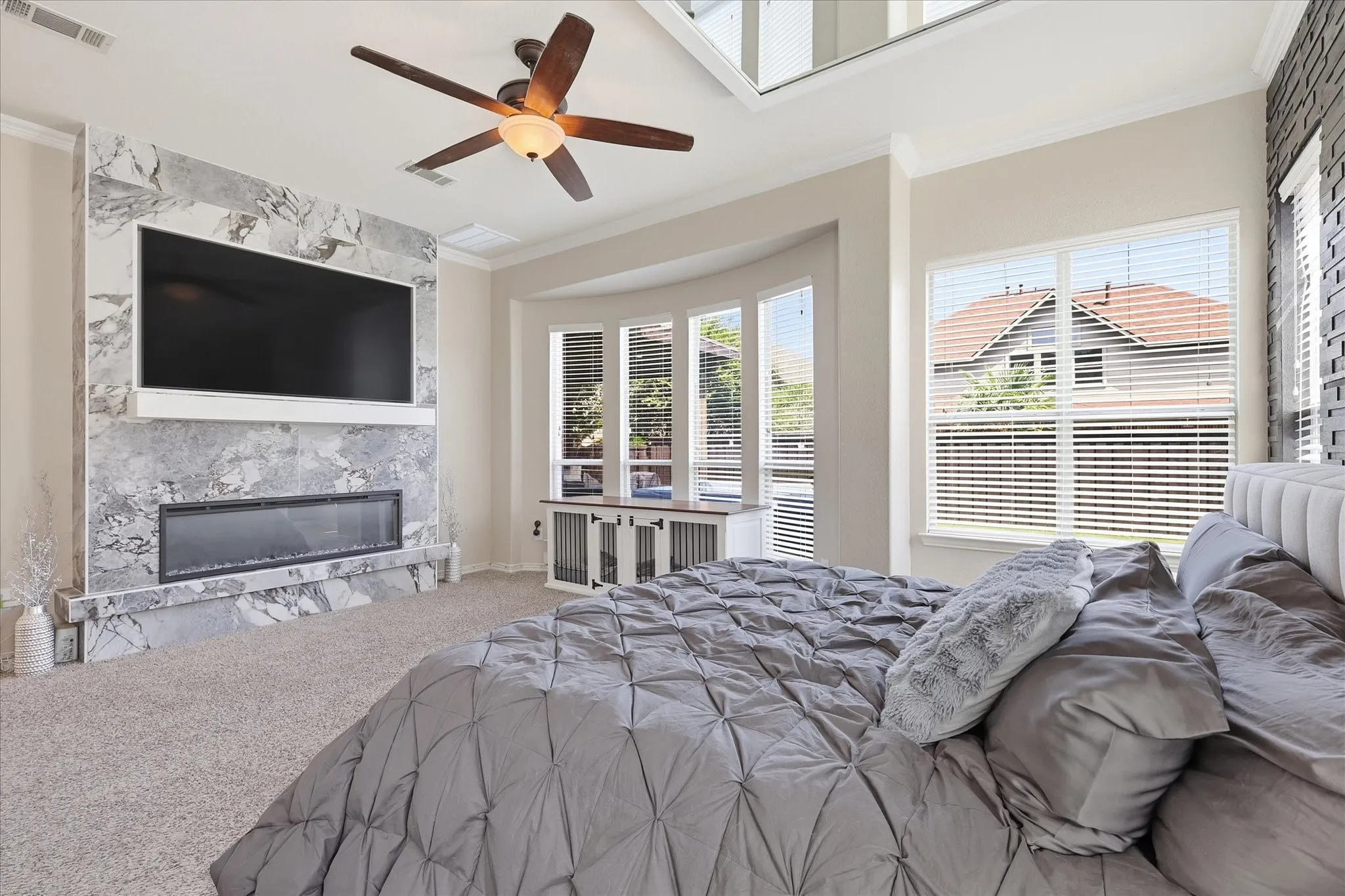 Beautiful electric fireplace and framed TV that Stays