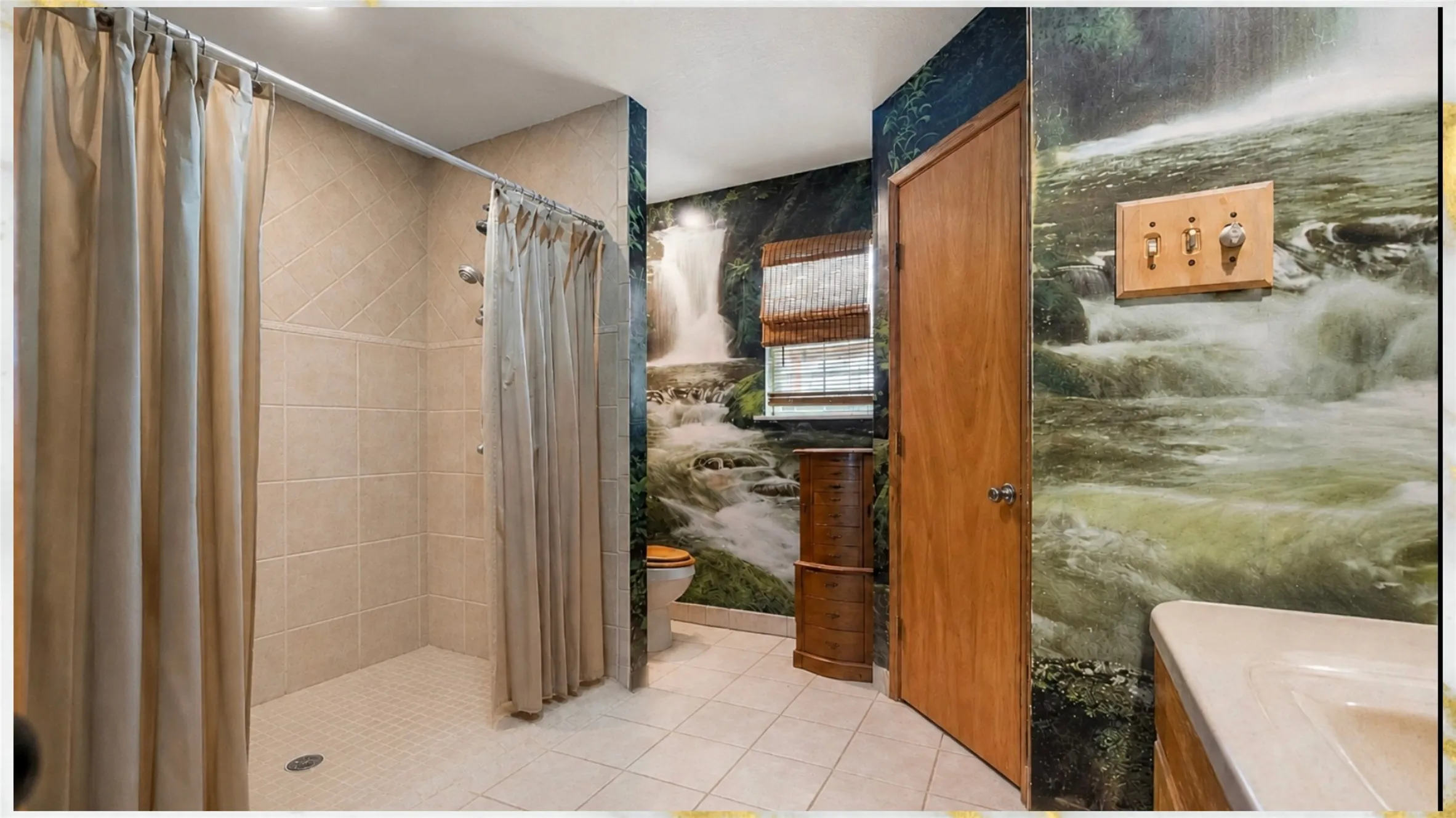 Tiled shower enclosure, tiled flooring, wood-finish door, wood-finish vanity base