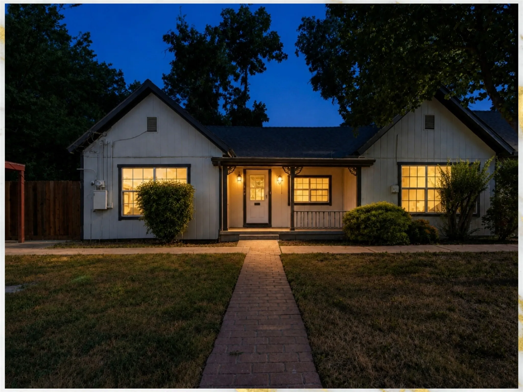 Gable-roof exterior with white siding, covered front porch, and a brick-finish walkway