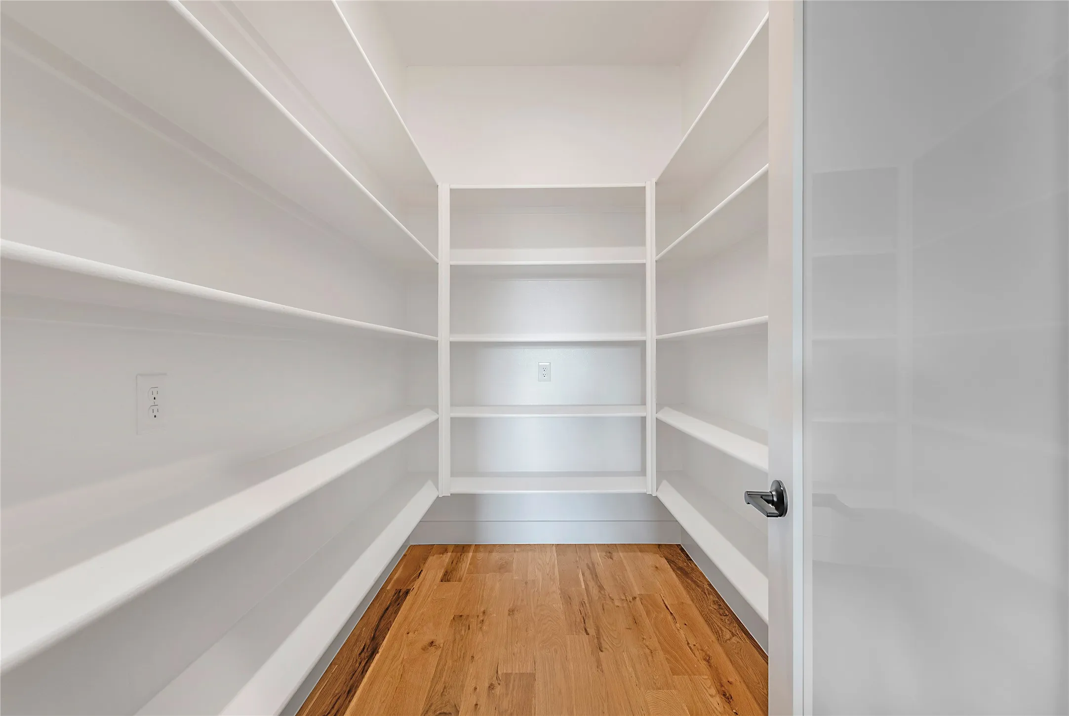 Walk-in pantry featuring extensive white shelving and wood-finish flooring