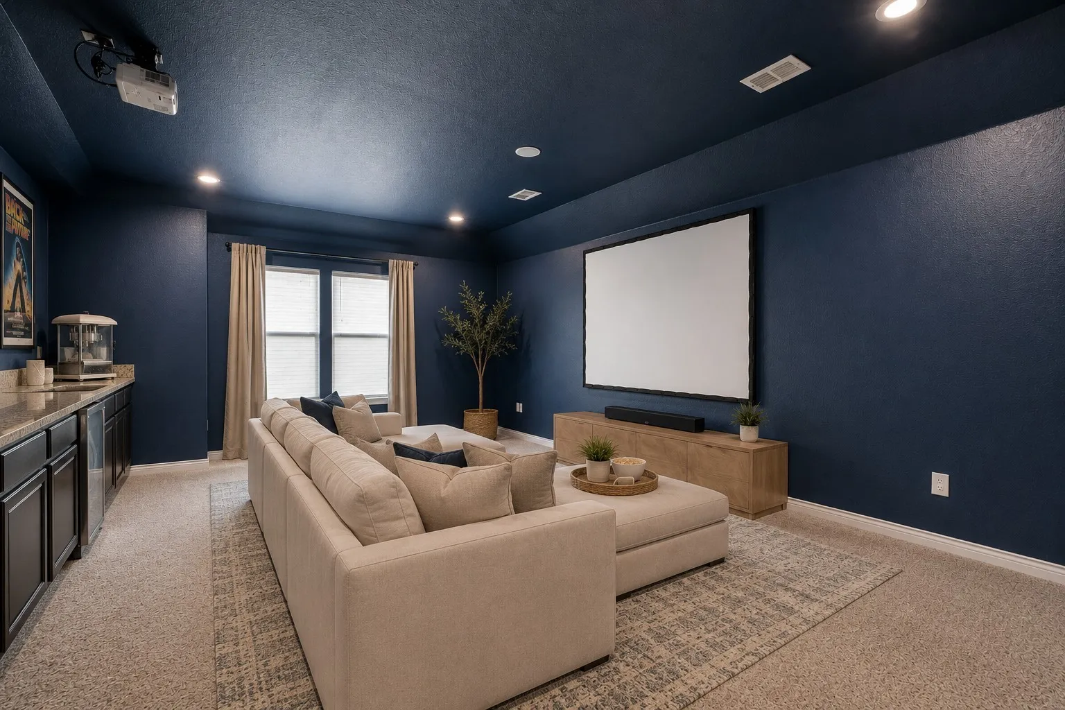 Media room with built in cabinets - perfect for hosting!