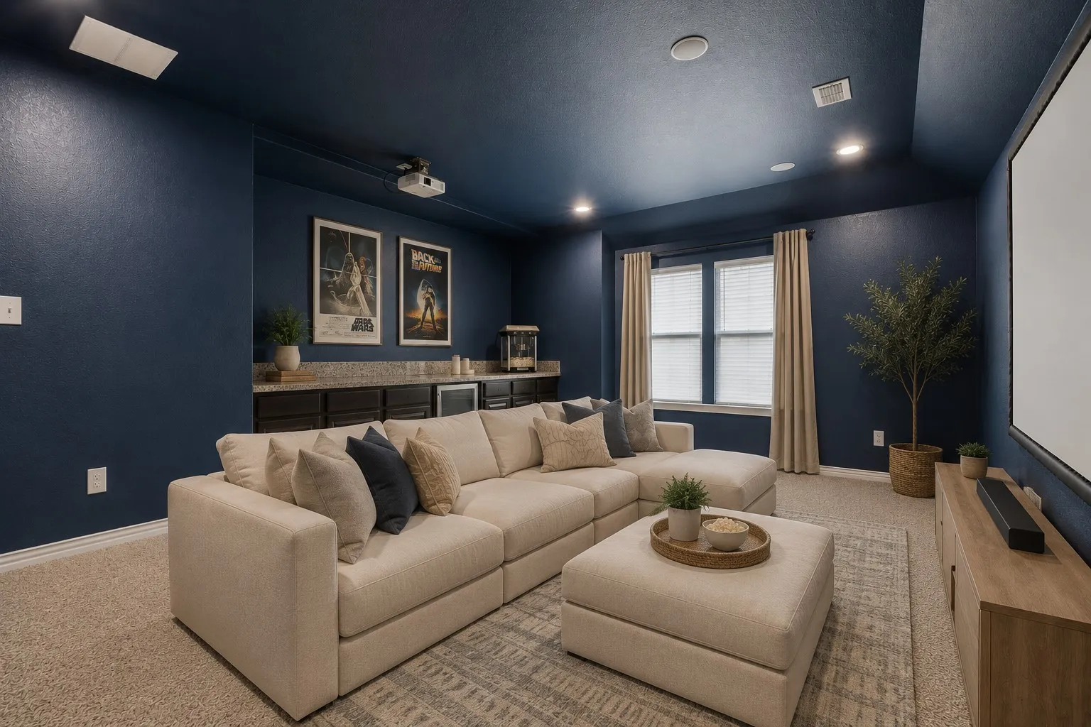 Built-in bar with dark cabinetry and light-colored countertop, recessed lighting, double window with blinds, large projection screen, and integrated ceiling projector