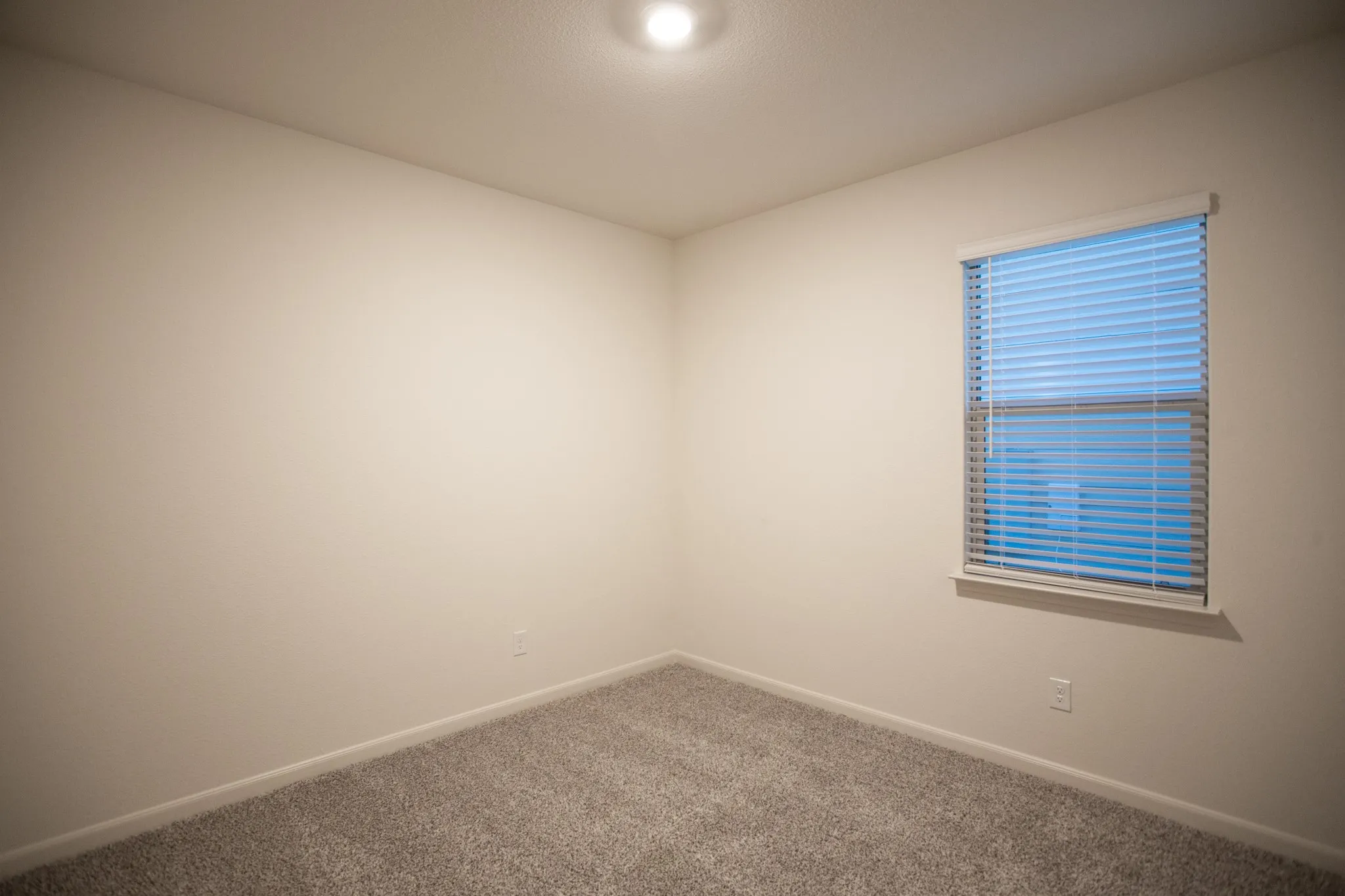 Recessed ceiling light fixture, neutral wall paint, window with blinds, and grey carpet flooring