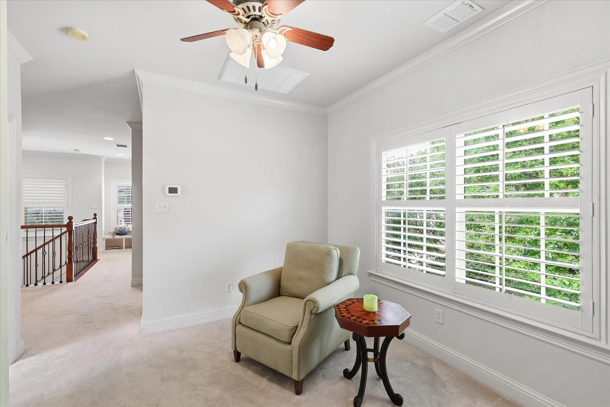 The upstairs living area separate the primary and secondary bedrooms