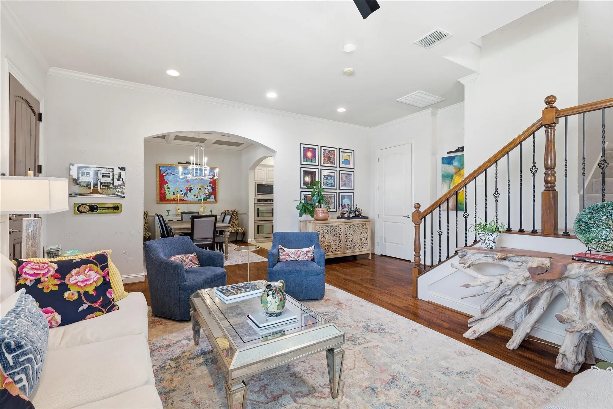 A view from the main living area toward the dining room.  The closet in the corner is designed for an elevator.