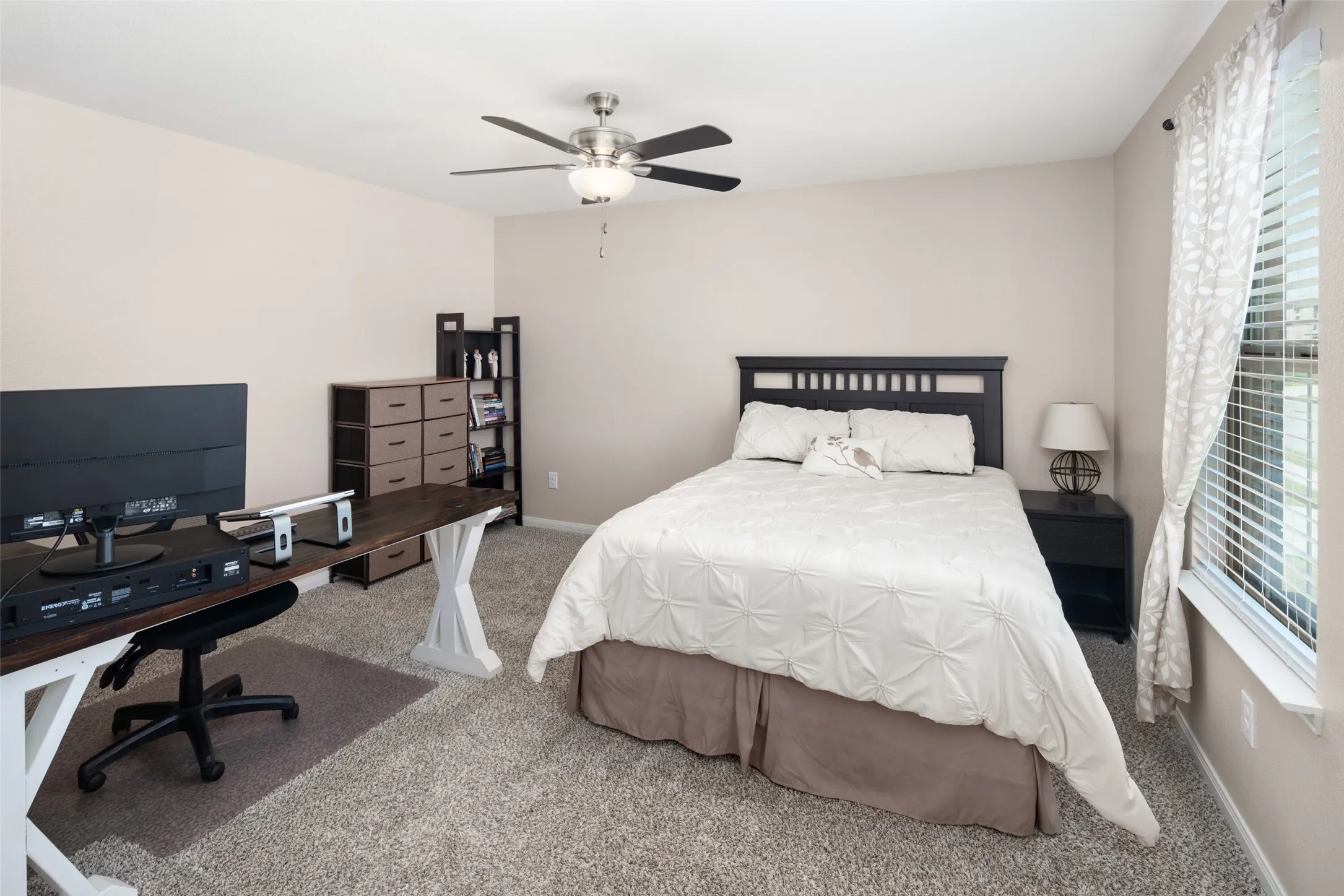 Spacious bedroom featuring a black slat-style bed frame, carpeted flooring, and ceiling fan with integrated lighting