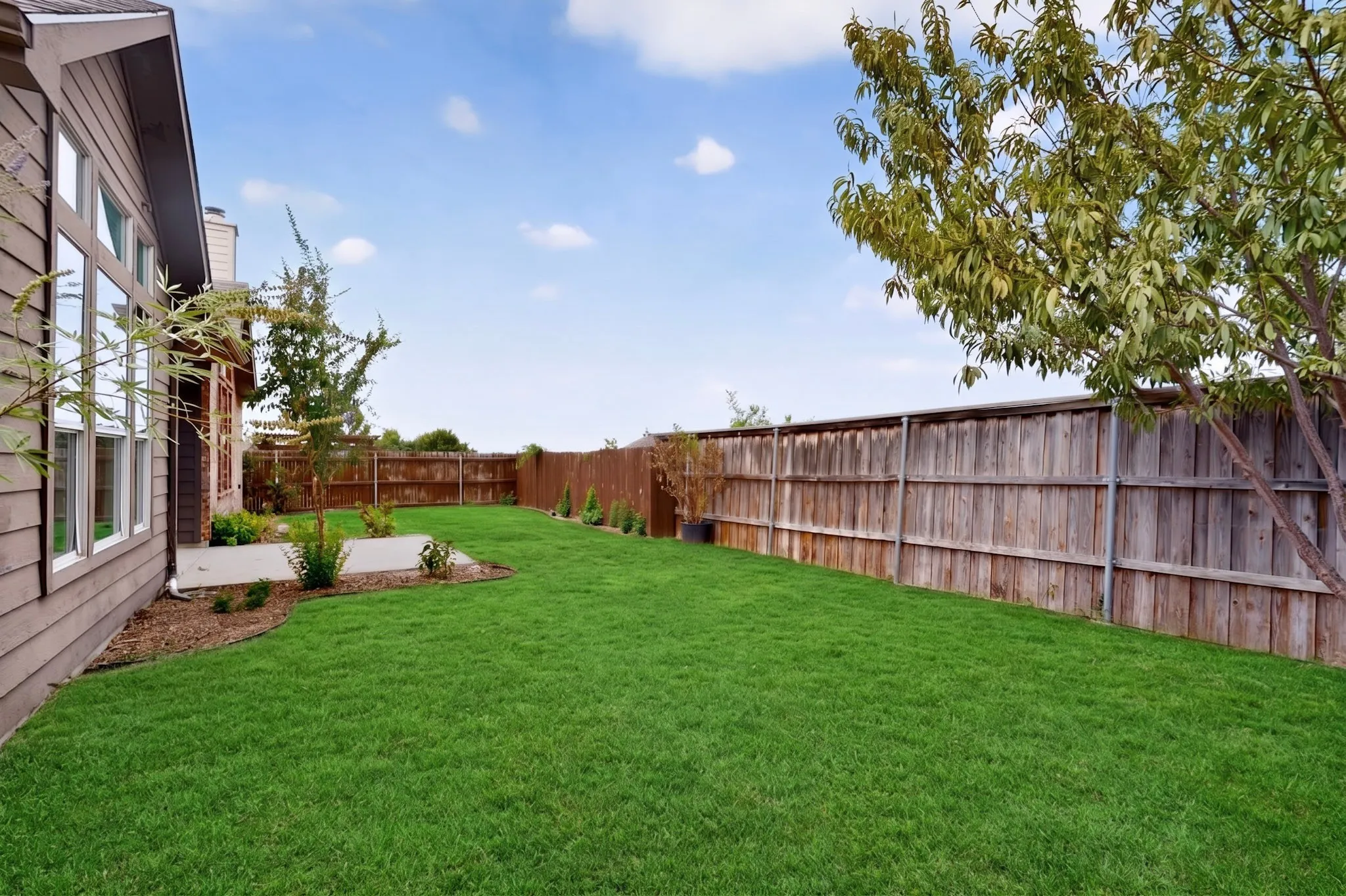 Expansive fenced backyard featuring a large grass lawn, mature trees, and concrete patio areas