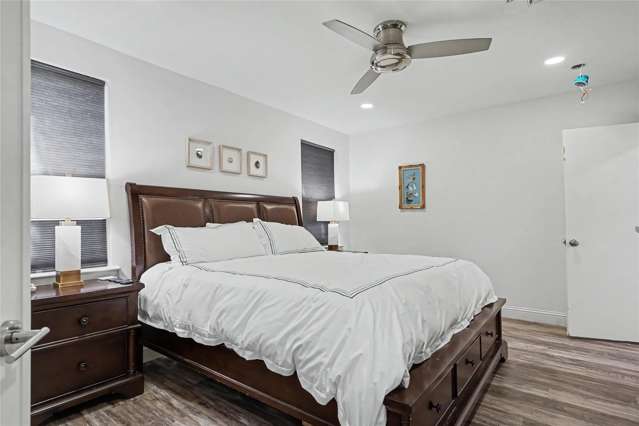 Primary bedroom on first floor, ceiling fan