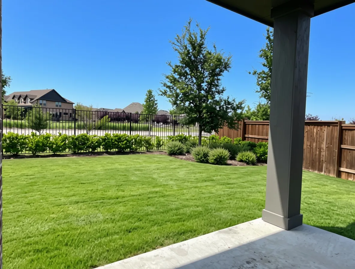 Large backyard with covered patio