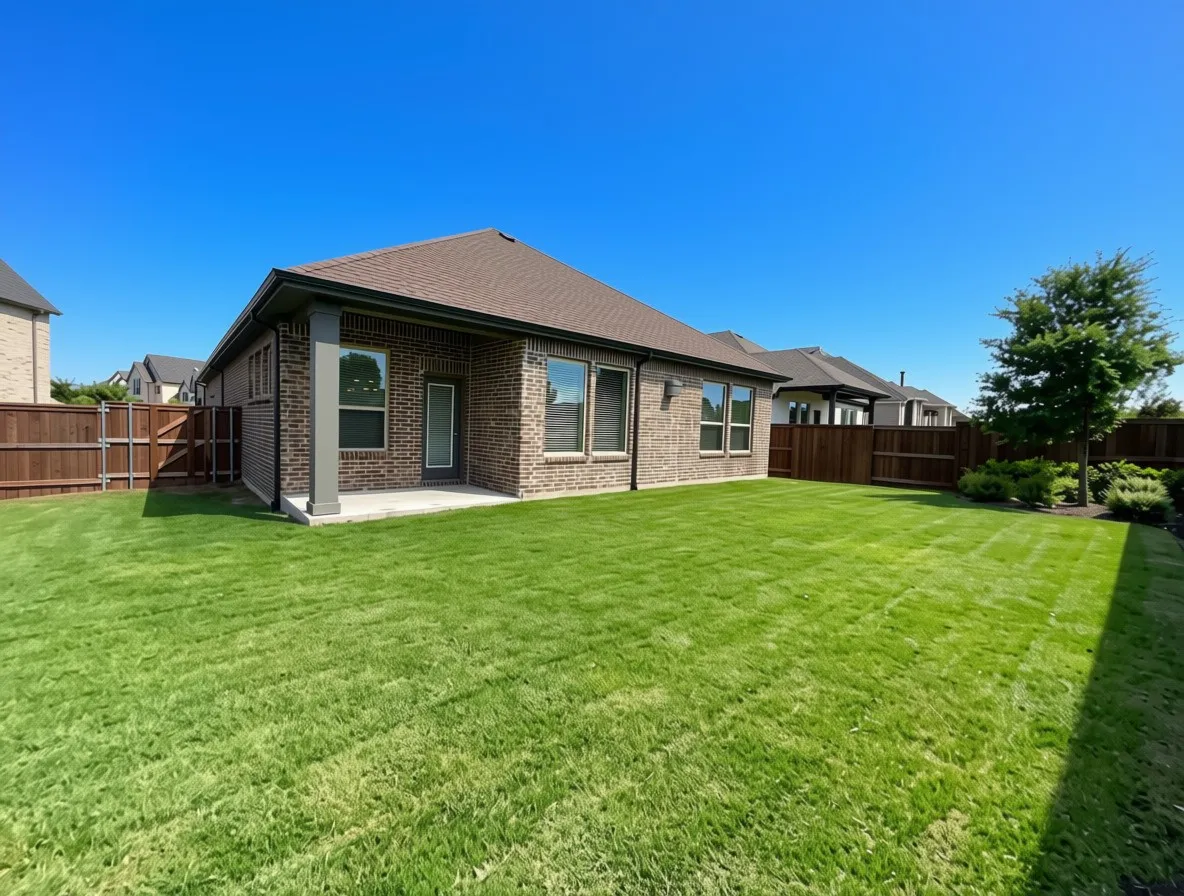 Large backyard with covered patio
