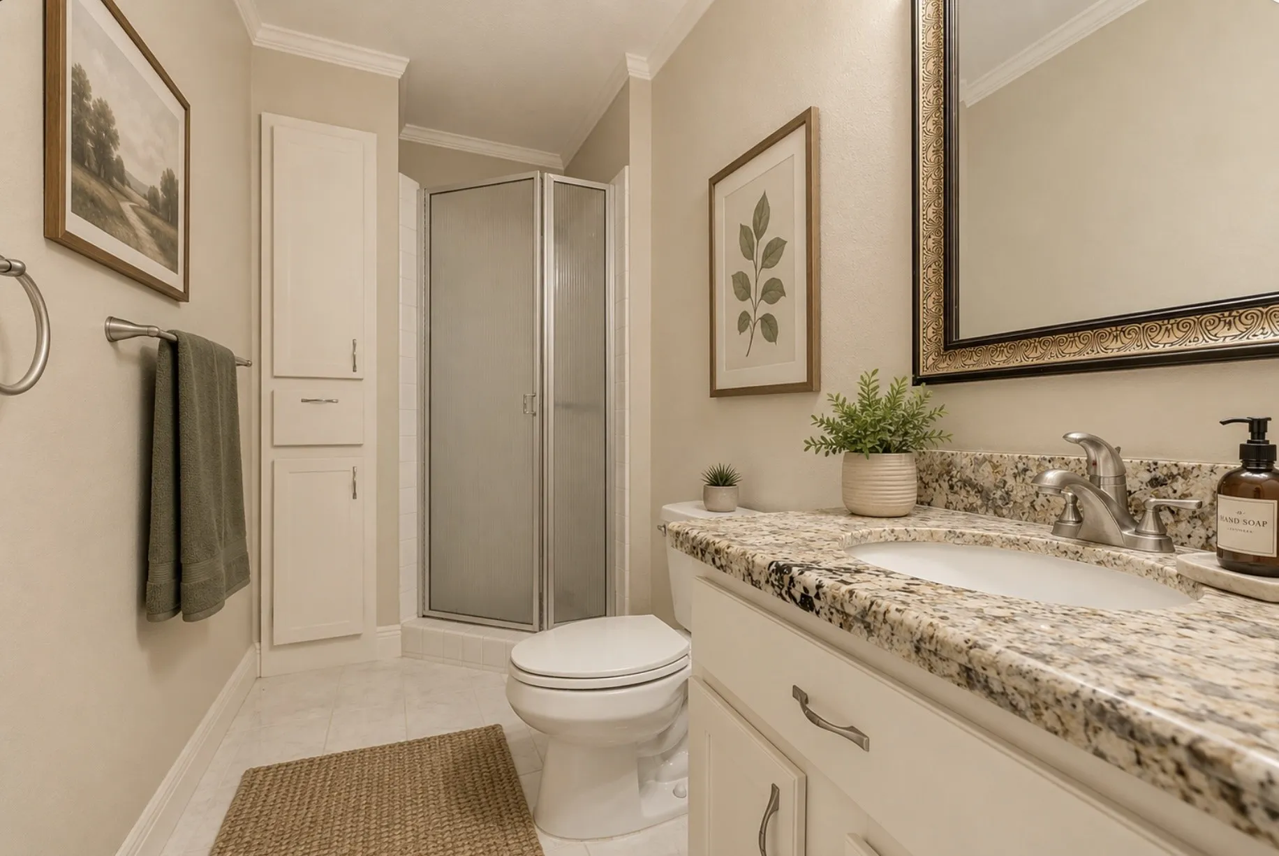 Built-in vanity with a granite-style countertop, undermount sink, and brushed nickel faucet