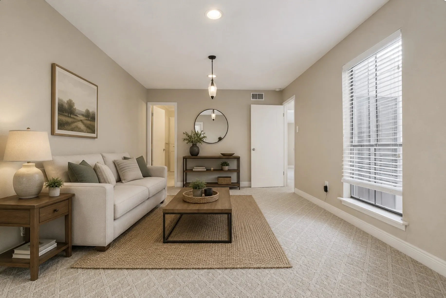 Recessed lighting, patterned carpet flooring, a window with blinds, and white trim throughout