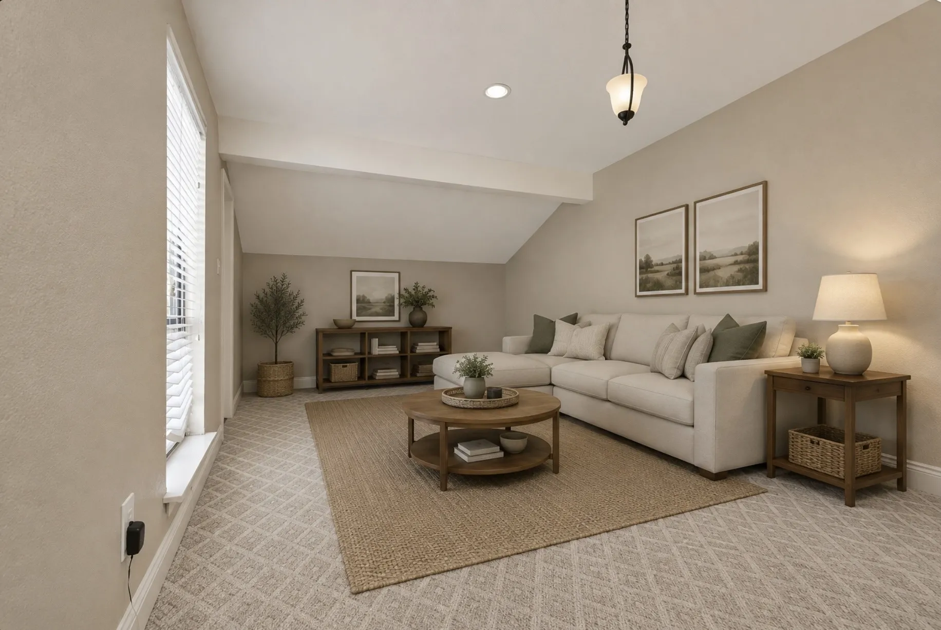 Sloped ceiling room featuring recessed lighting, a decorative hanging fixture, carpet flooring, and a large window with blinds