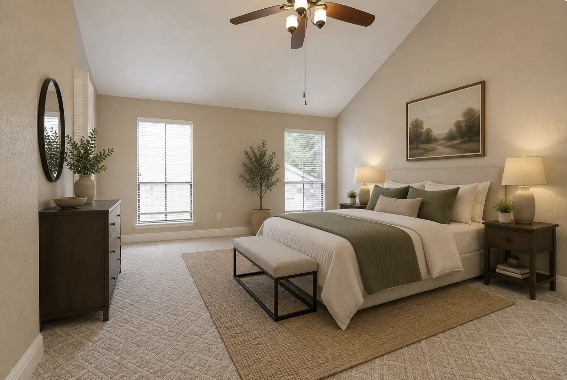 Vaulted ceiling, two windows with blinds, ceiling fan with integrated lighting, textured wall finish, and neutral-toned carpet