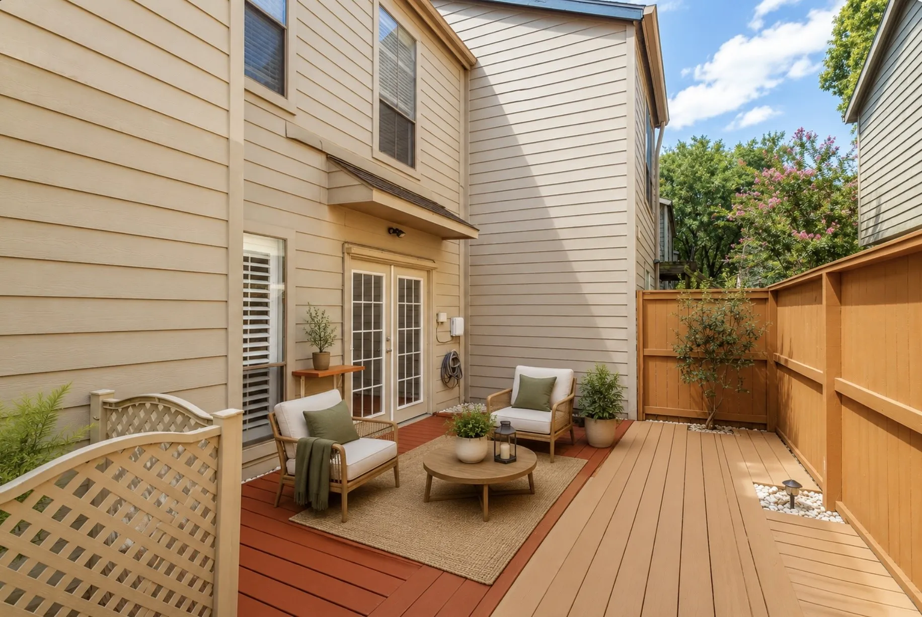 Private outdoor deck featuring dual-tone decking, a solid wooden privacy fence, and French doors