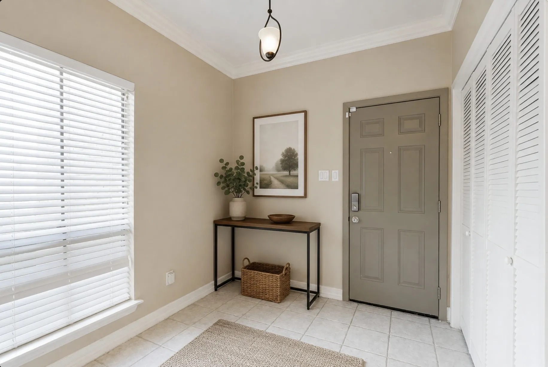 Entryway featuring tile flooring, crown molding, a paneled door, and louvered closet doors