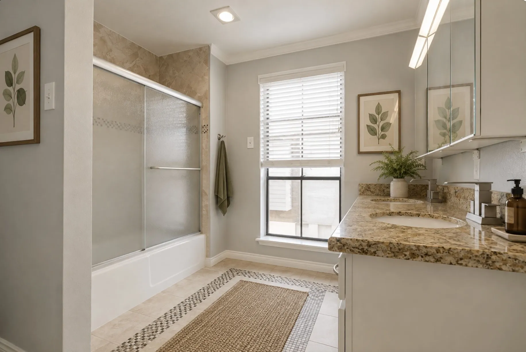 Dual vanity with integrated sinks, a window with horizontal blinds, a shower-tub combination with sliding glass doors, and recessed lighting