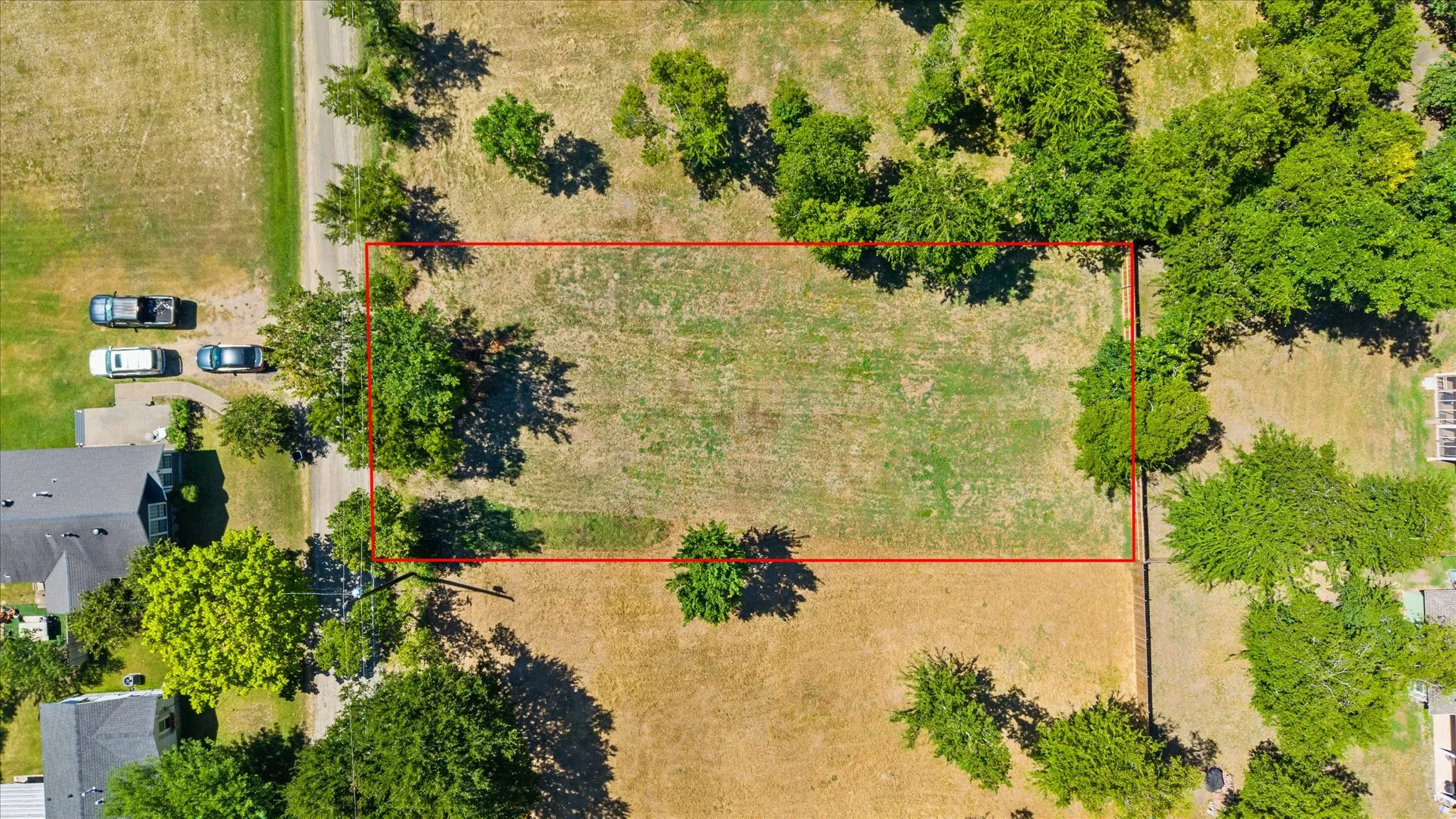 Expansive land parcel featuring existing trees, a clear building area, and direct road access
