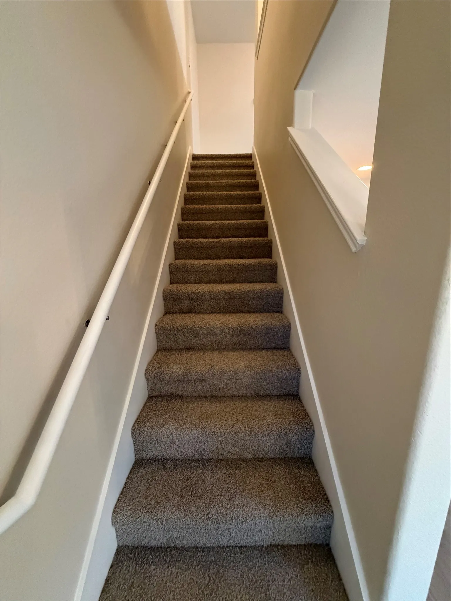 Carpeted staircase with a white handrail and neutral wall tones
