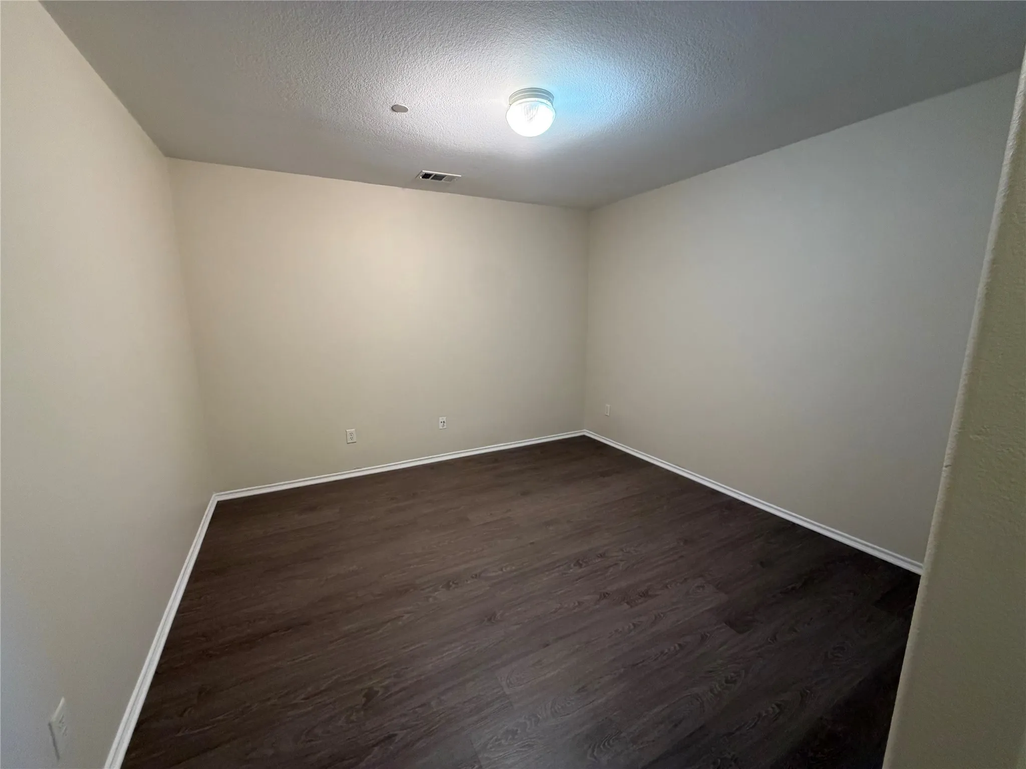 Wood-finish flooring with white trim, light neutral wall tones, and overhead lighting