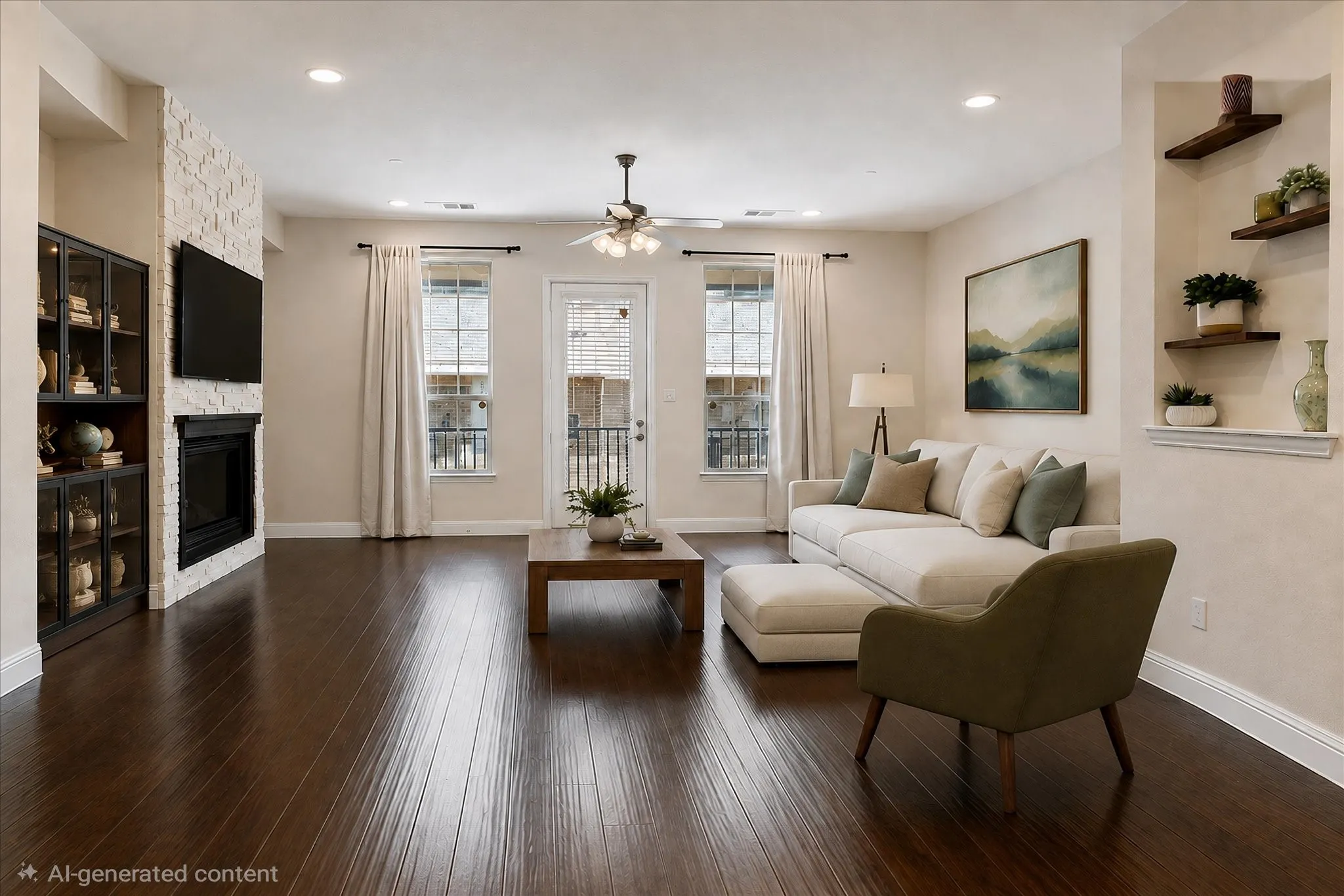 Hardwood-style flooring throughout, featuring a fireplace with stacked stone surround, built-in shelving, and recessed lighting