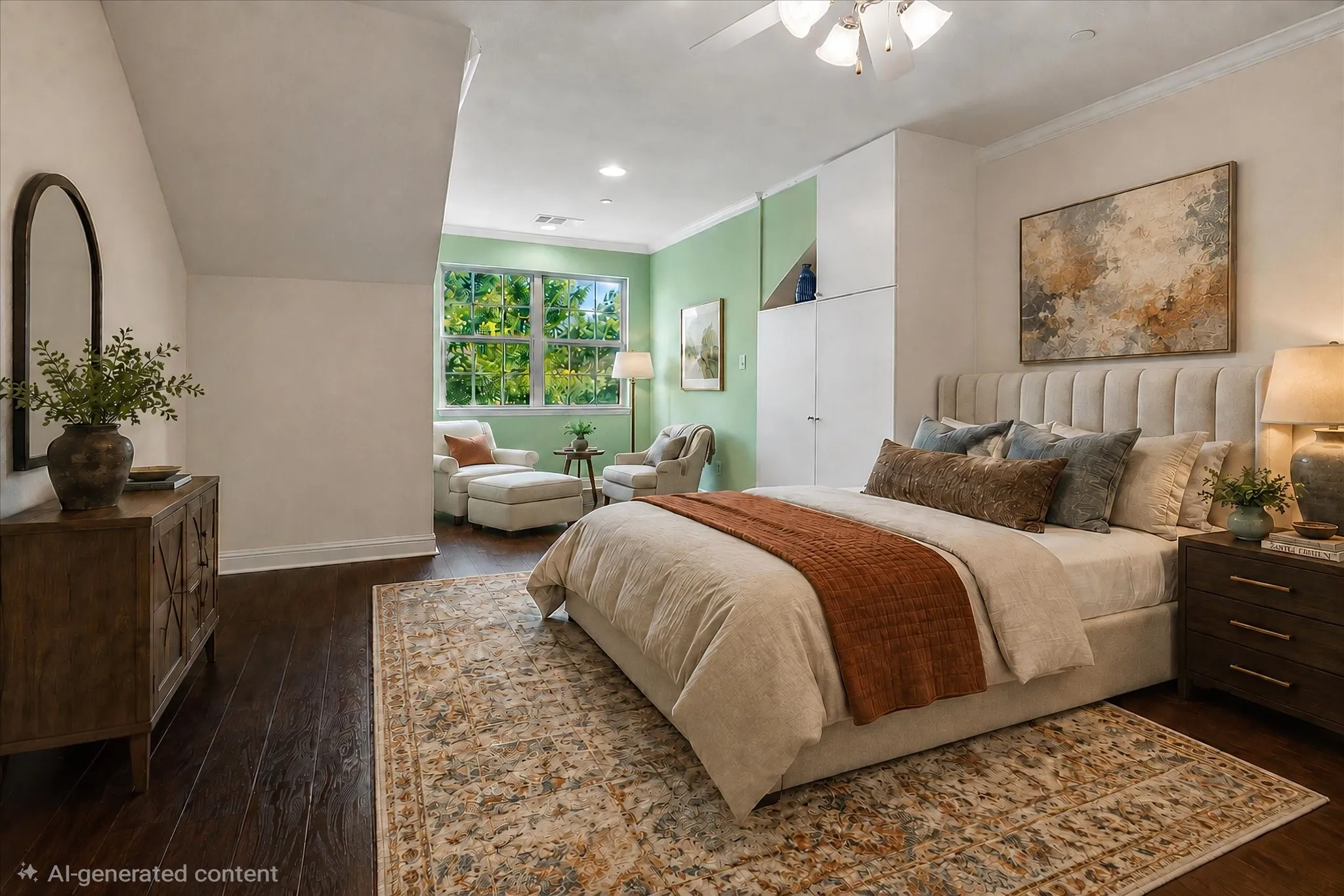 Primary Bedroom Suite with Tray Ceiling and Abundant Natural LightThis generously proportioned bedroom features a coffered tray ceiling with recessed lighting, dark wood-finish flooring, and a large picture window framing mature landscaping