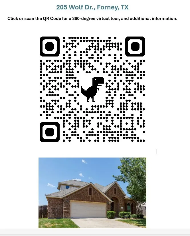 Property Listing Advertisement. Displaying the property address, a QR code for a virtual tour, and an exterior image of the property