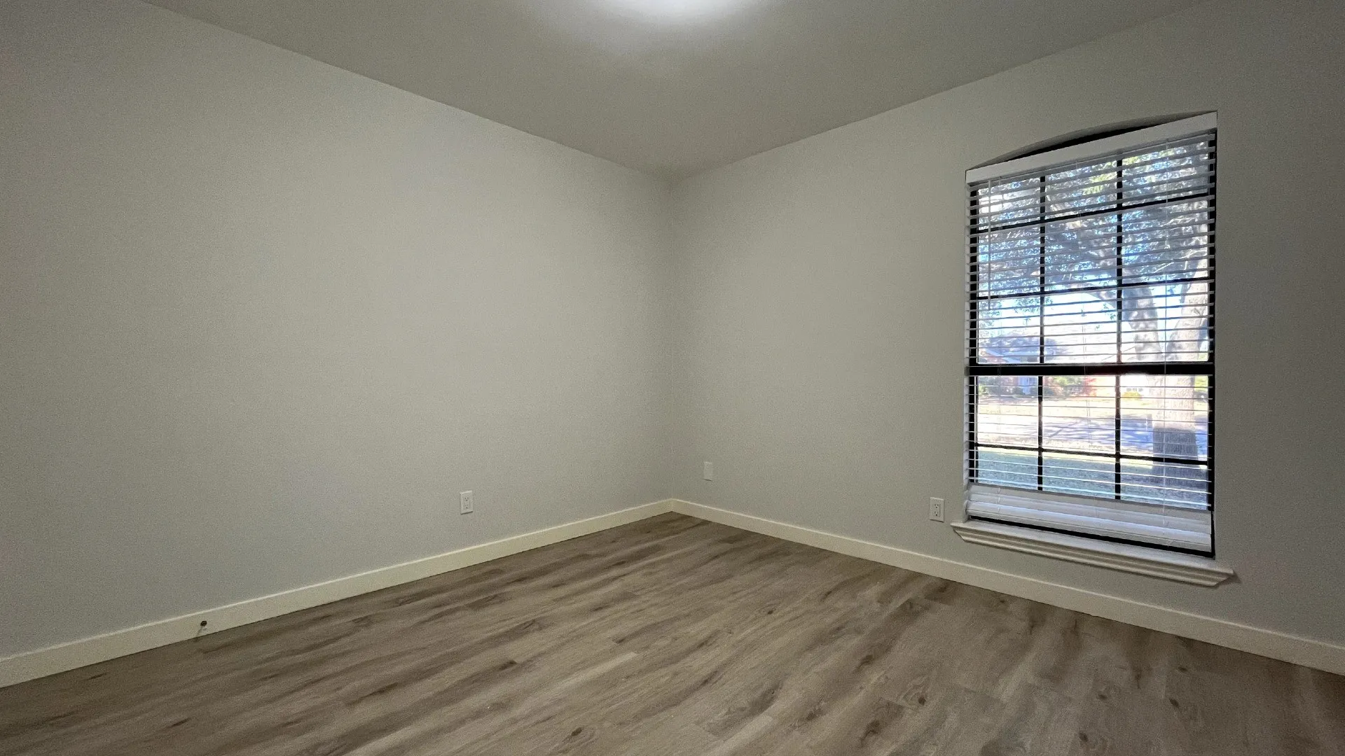 Arched window featuring blinds, wood-finish flooring, and light-toned walls