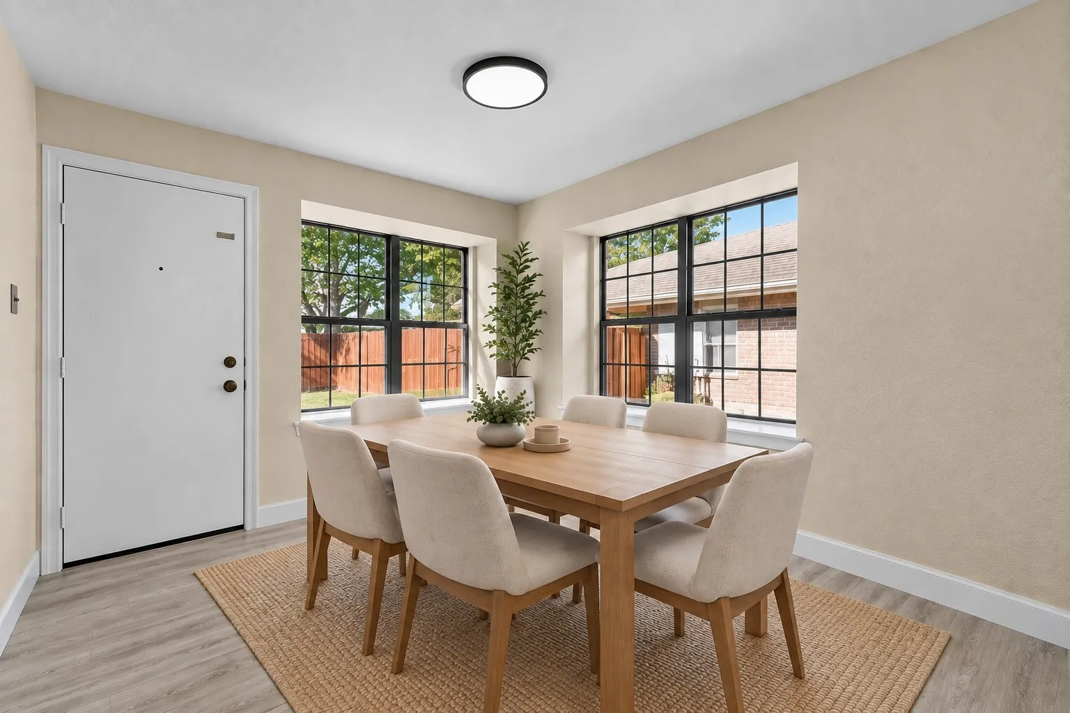 Wood-finish flooring, recessed lighting, and multiple windows with black grilles