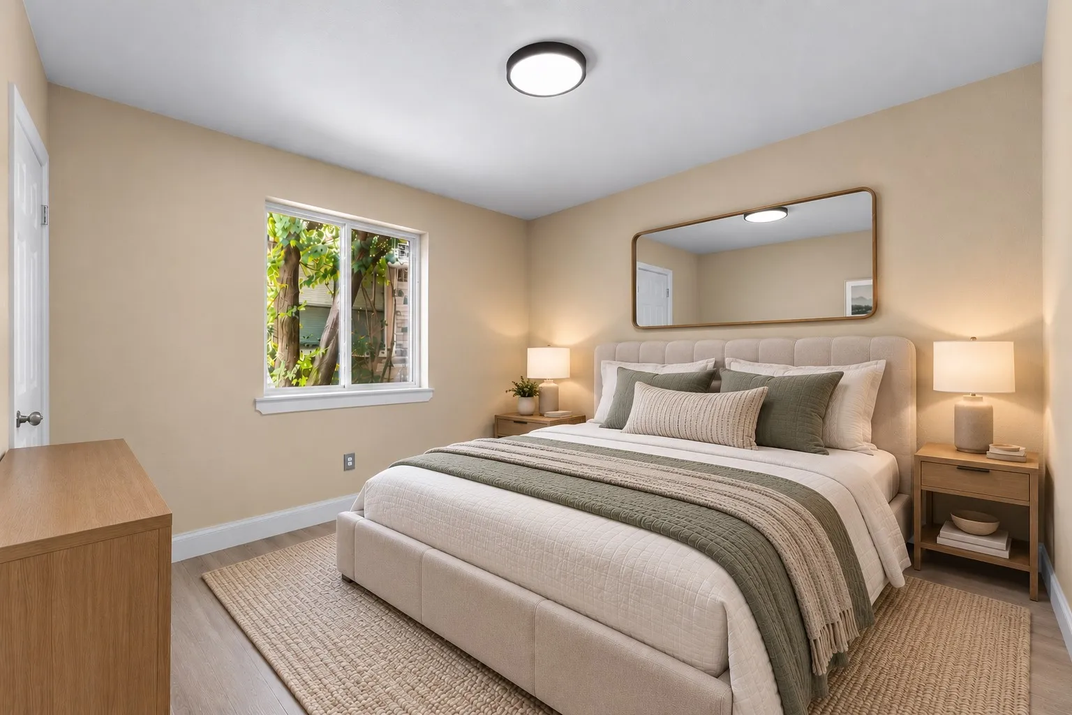 Recessed lighting, wood-finish flooring, and a large window with natural light