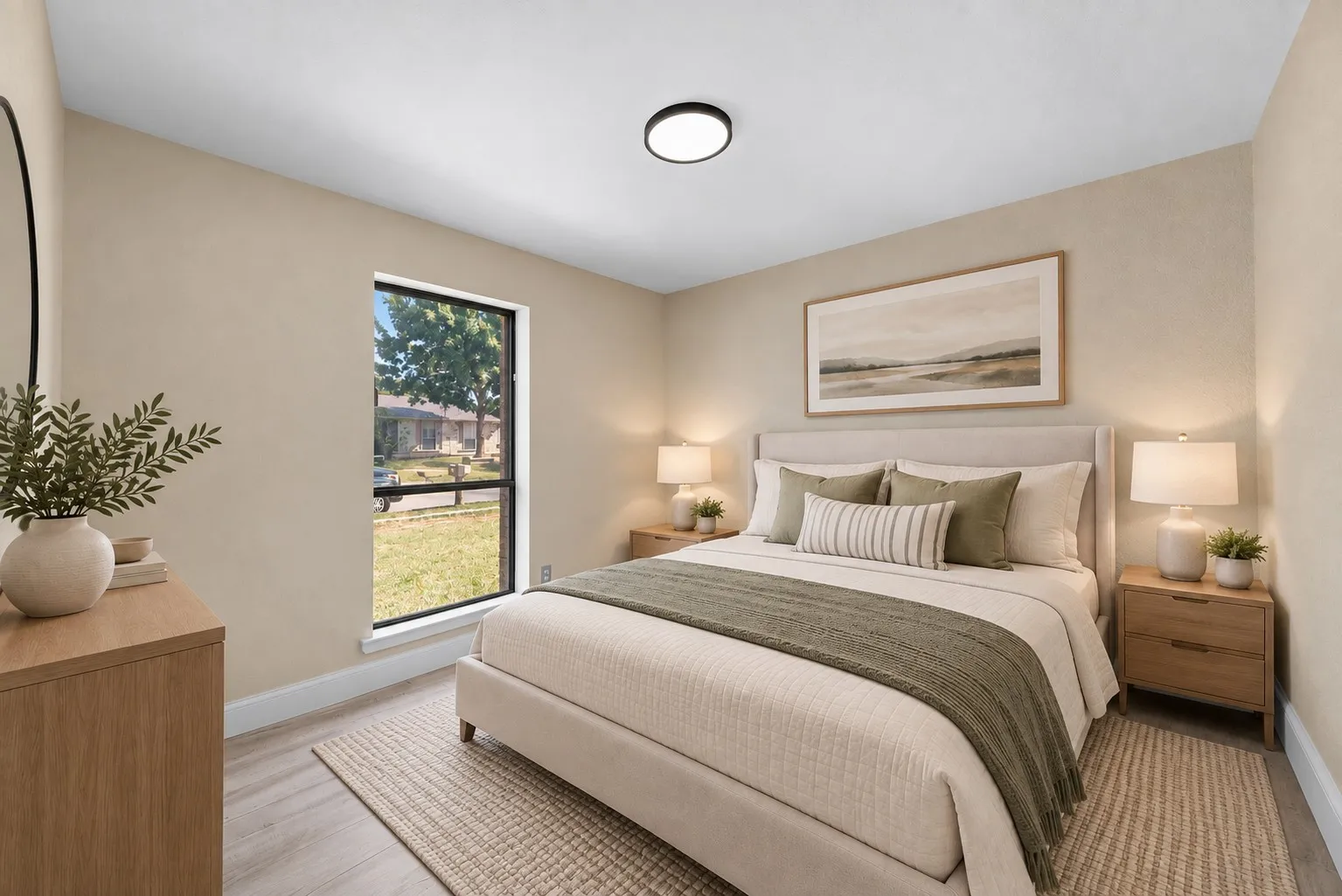 Recessed lighting, light wood-finish flooring, and a large window