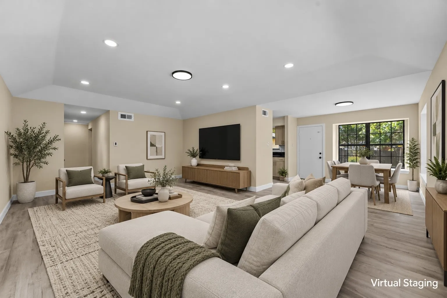 Open-concept living space with recessed lighting, wood-finish flooring, and a dining area featuring a multi-pane window