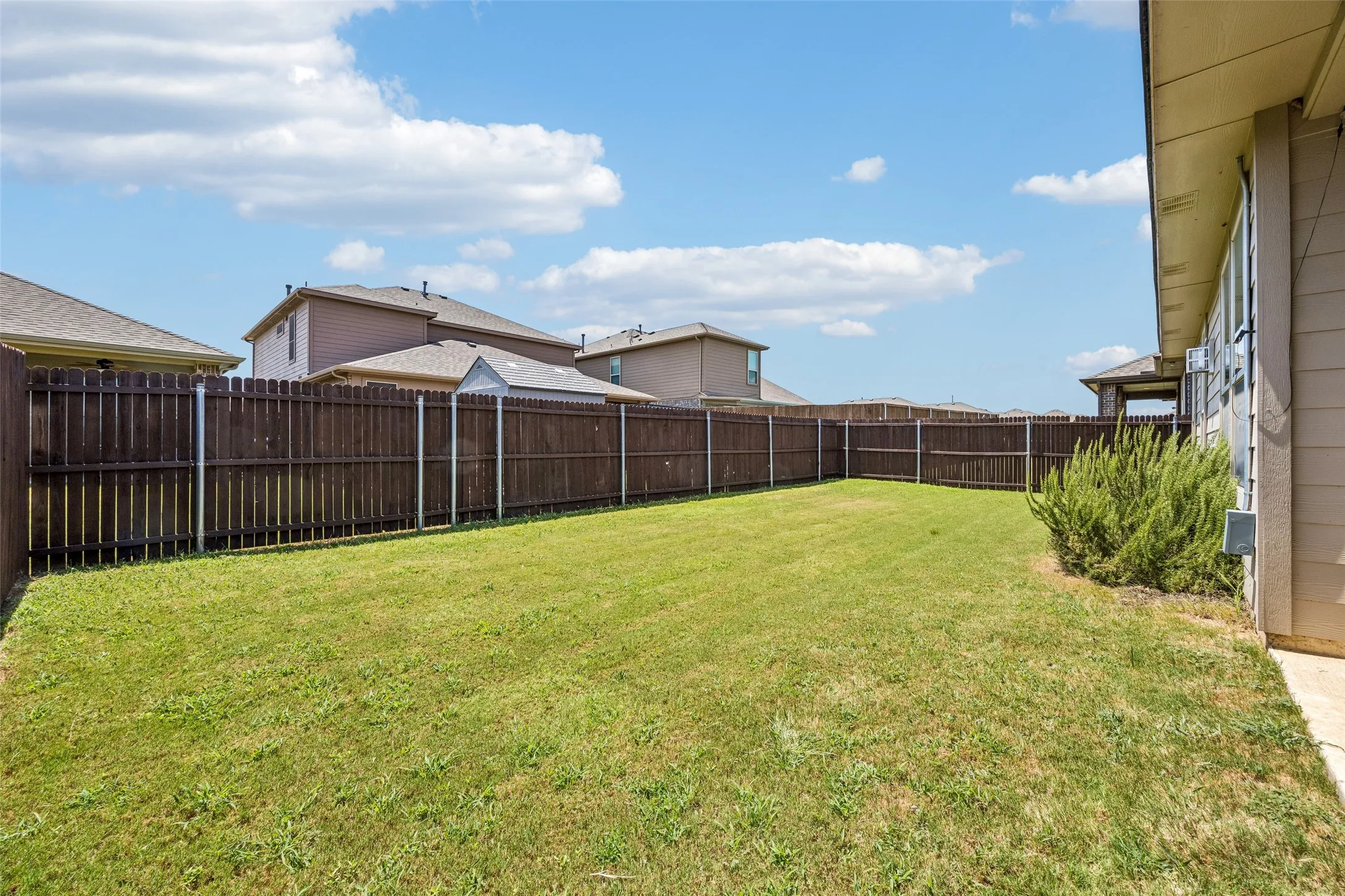 Expansive backyard with mature lawn and sturdy wood-finish fencing, offering privacy and outdoor space