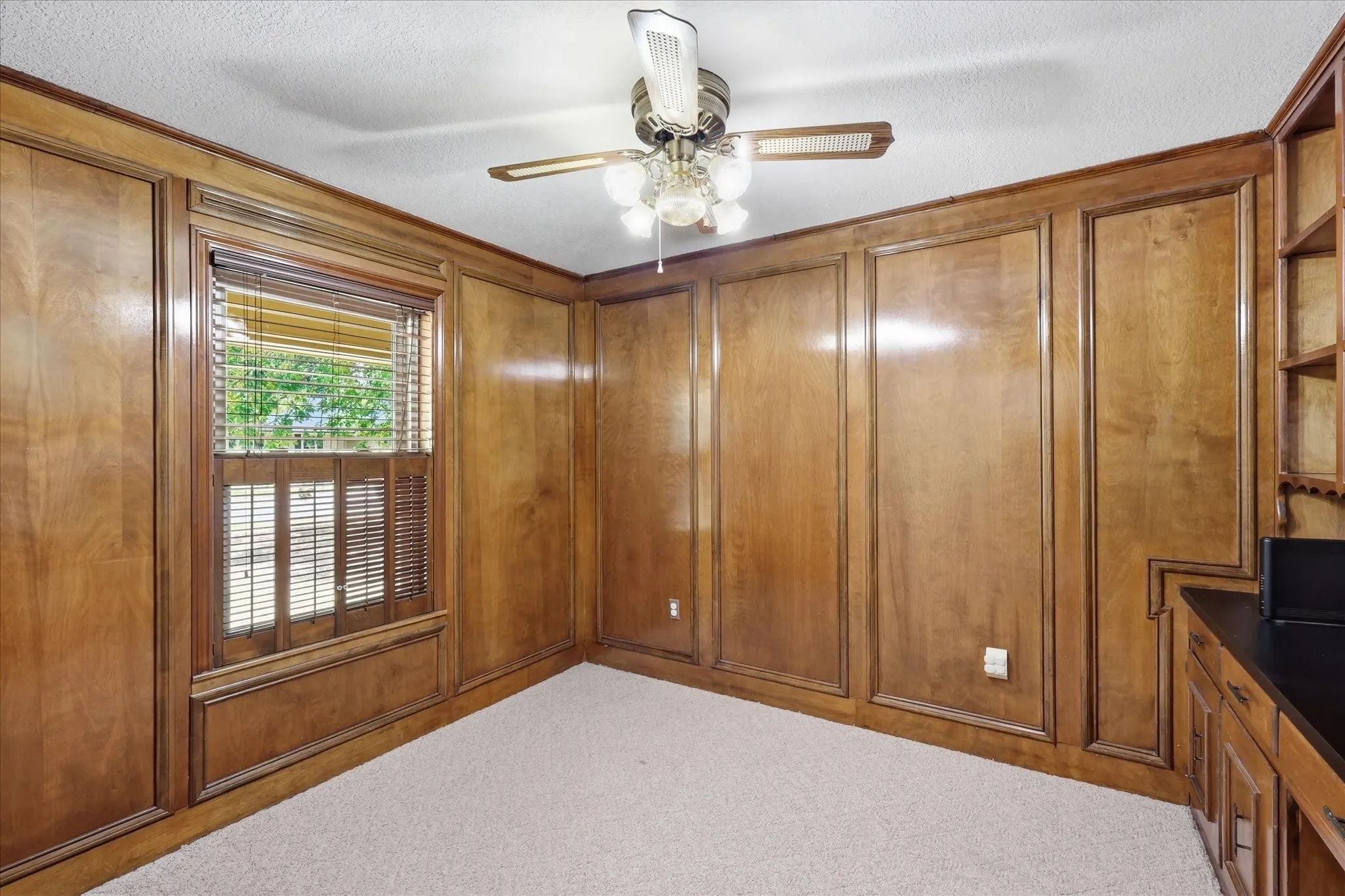Beautiful picture frame paneling in home office.