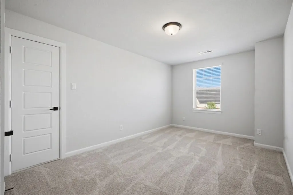Light gray wall paint, patterned carpet flooring, single window with blinds, ceiling-mounted light fixture, and a five-panel interior door with matte black hardware
