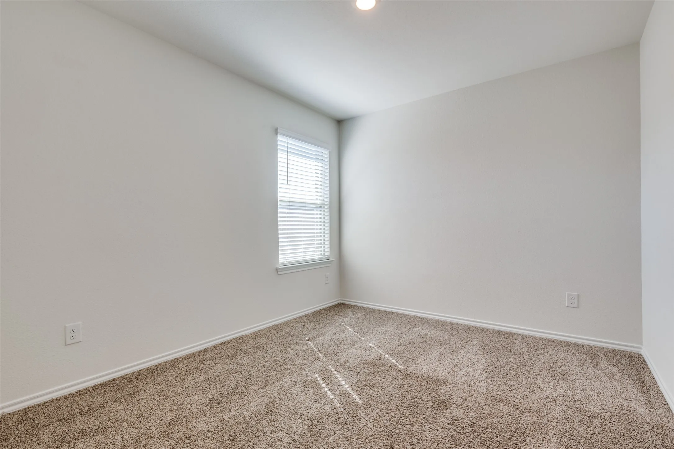 Neutral wall finishes, carpeted flooring, and a single window with blinds