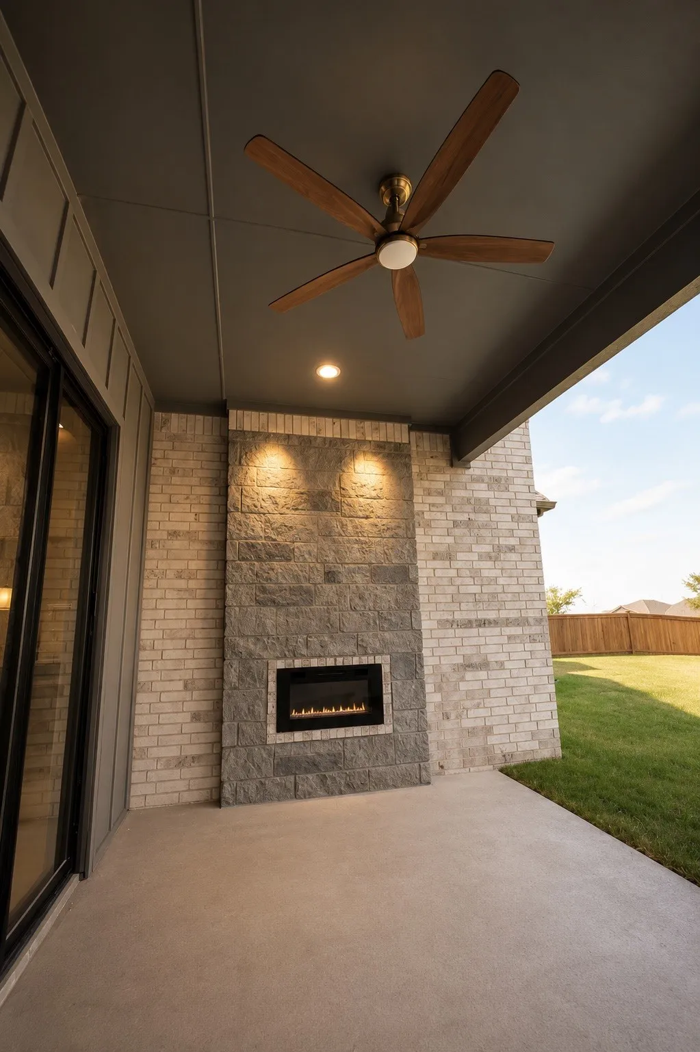 Covered patio featuring an integrated fireplace with stone surround, recessed lighting, ceiling fan, and concrete flooring