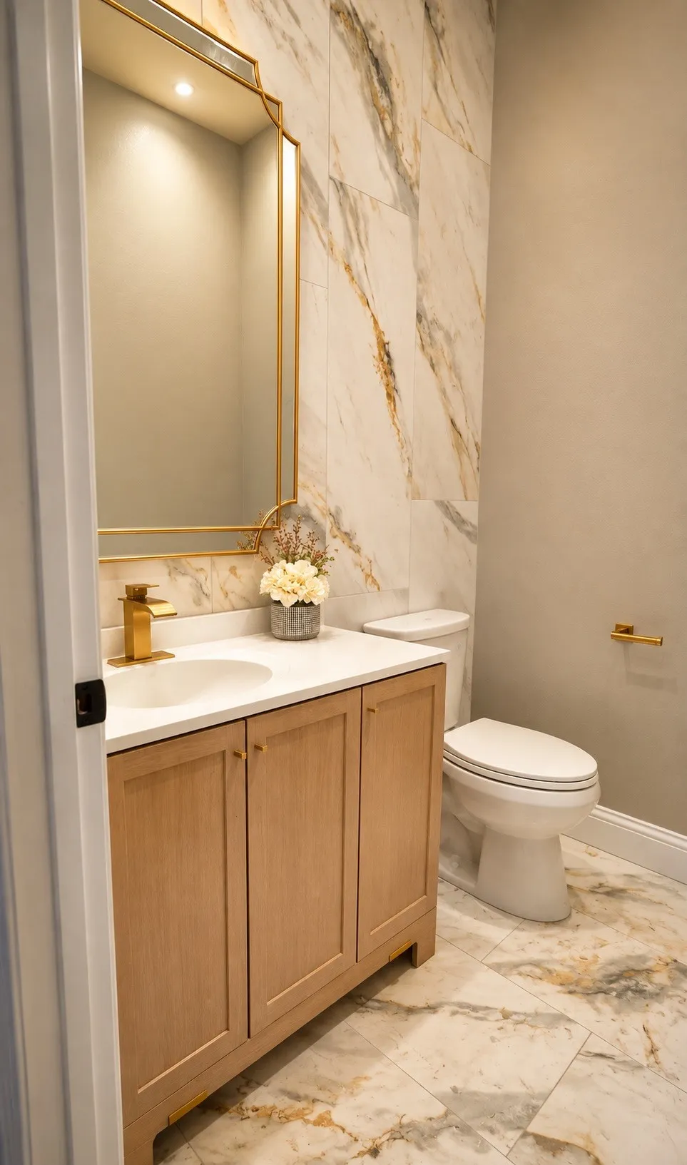 Light wood-finish vanity with a white countertop and integrated sink