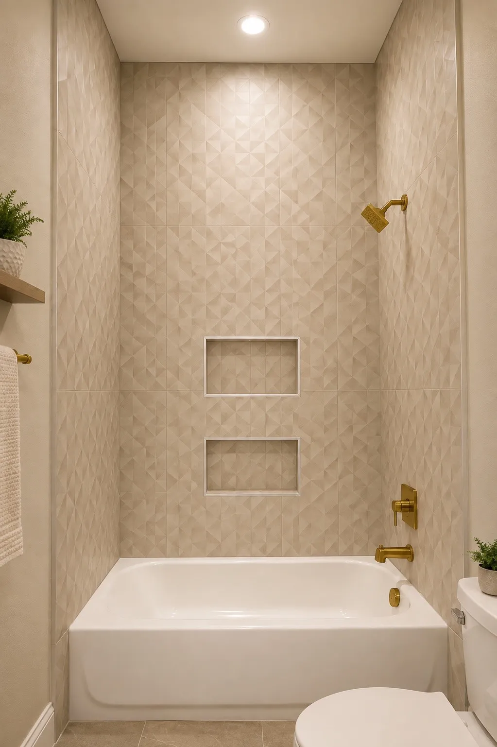 Recessed ceiling light, geometric-patterned wall tile, dual recessed shower niches, white bathtub, and brass-finish fixtures