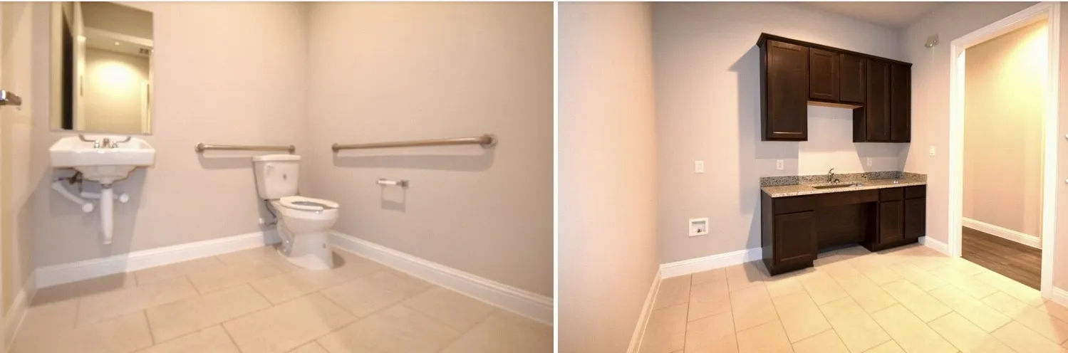 ADA-compliant bathroom with wall-mounted sink and grab bars