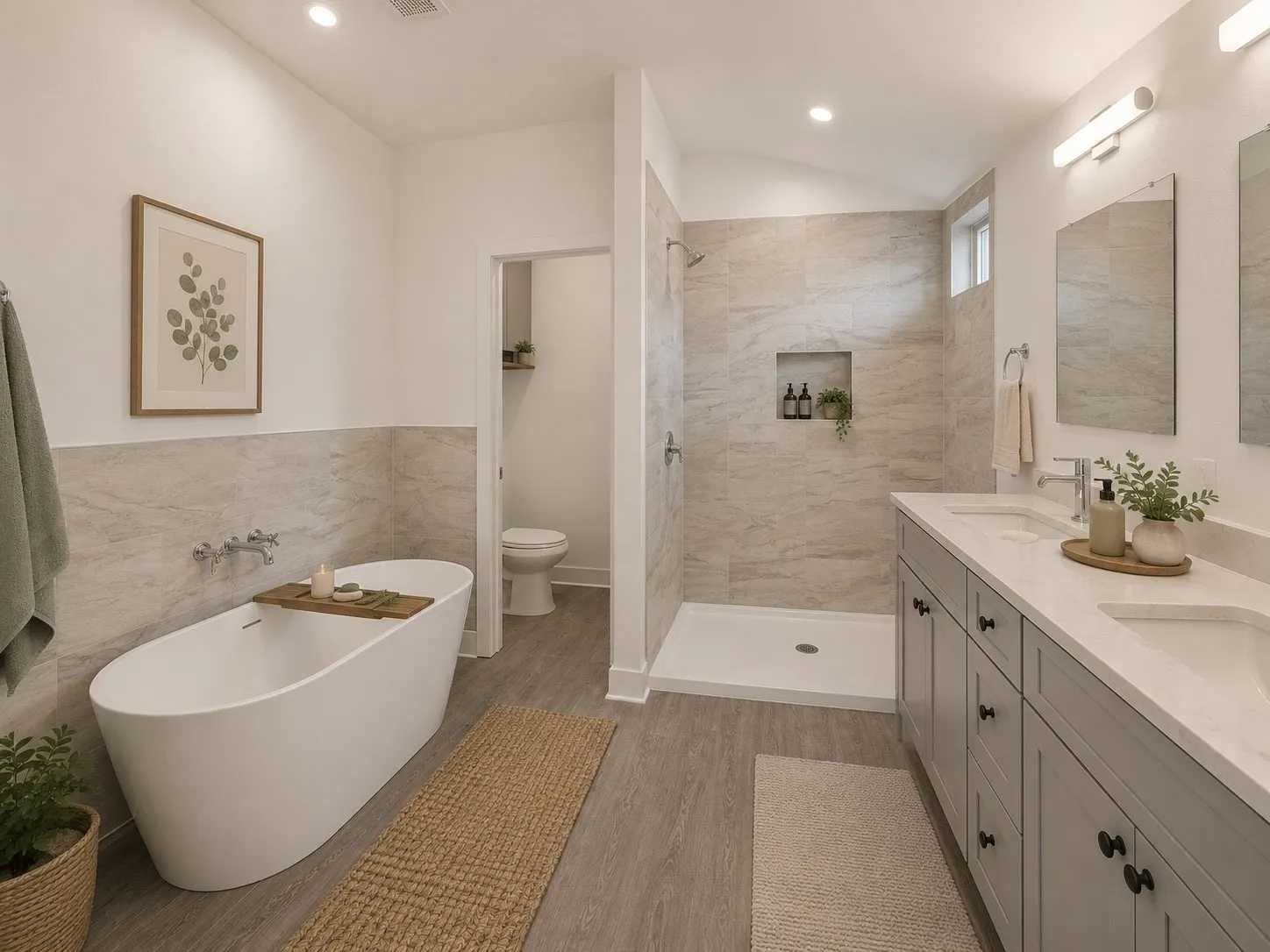 Freestanding soaking tub, walk-in shower with tiled walls and recessed niche, dual vanity with undermount sinks and light countertops, wood-finish flooring, and recessed lighting