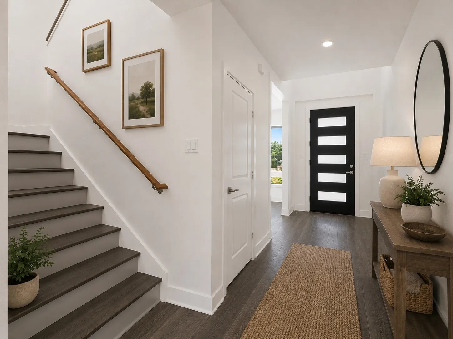 Wood-finish flooring throughout, modern entry door with frosted glass panels, recessed ceiling lighting, and a wood handrail