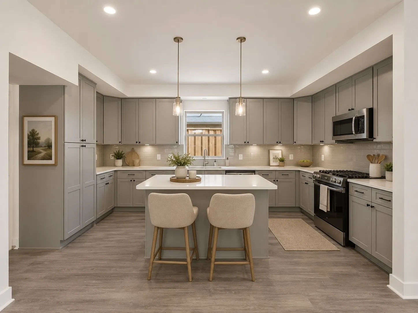 Contemporary kitchen featuring custom cabinetry with brushed metal hardware, quartz countertops, and a large waterfall-edge island with seating for two