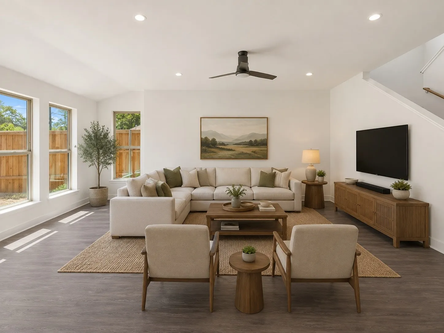 Spacious living area featuring wood-finish flooring, recessed lighting, and multiple large windows