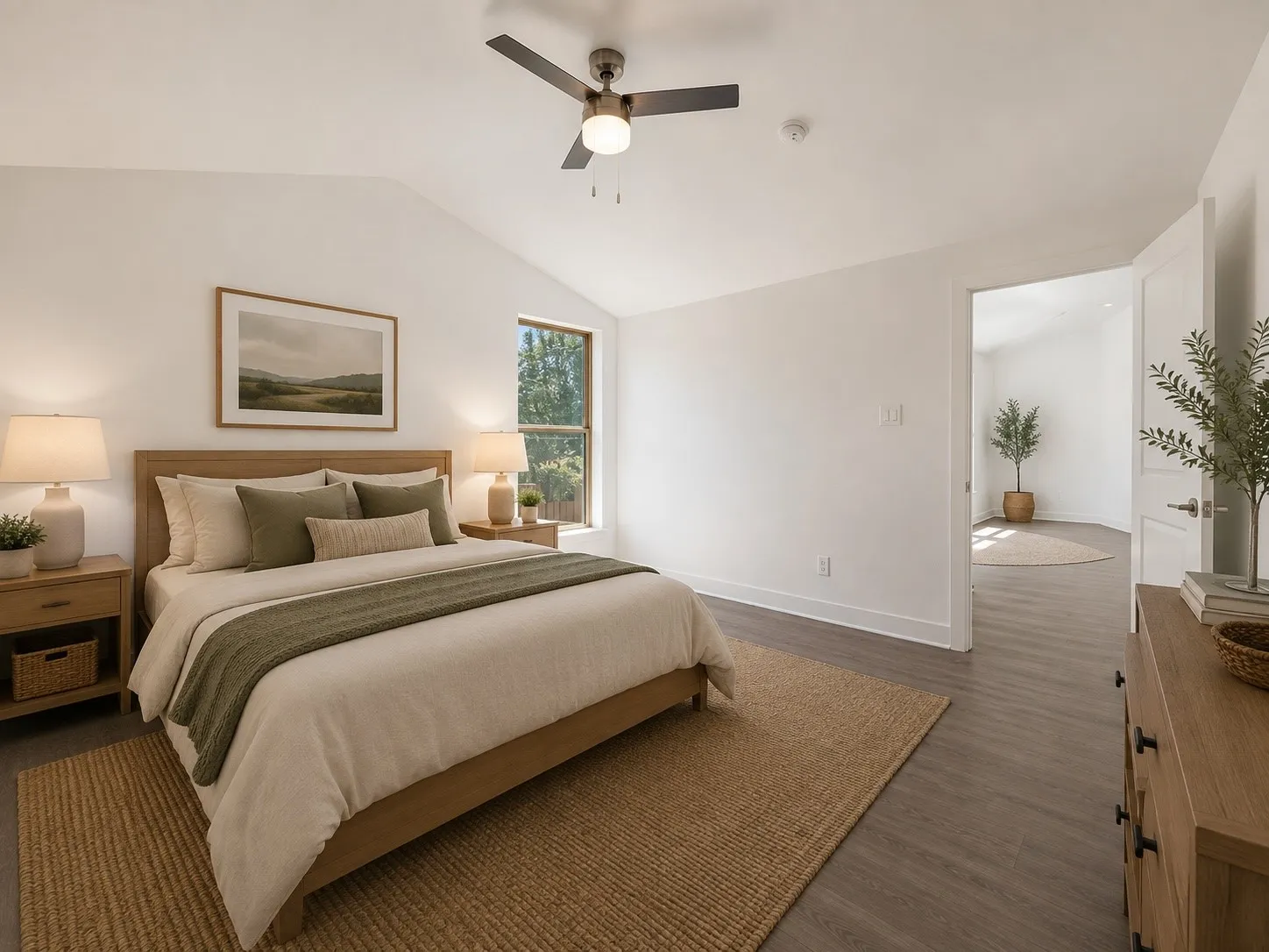 Vaulted ceiling with a ceiling fan, wood-finish flooring, recessed window, solid core door, and ample natural light