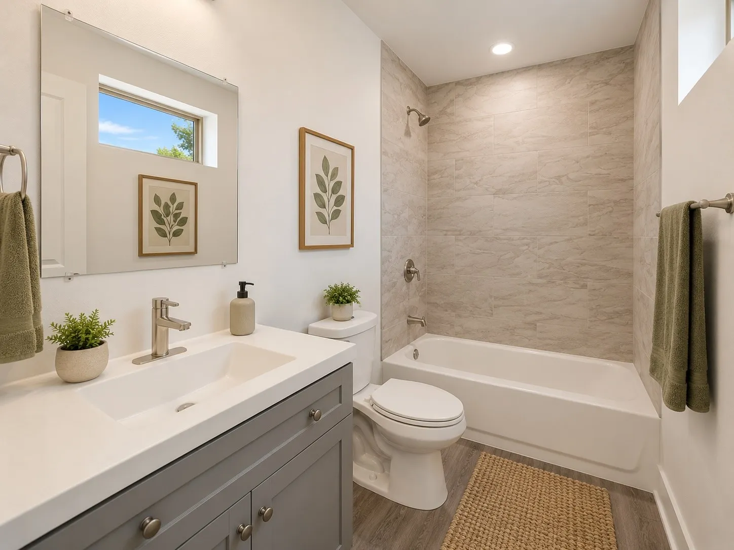 Bathroom featuring a vanity with a white countertop and gray cabinetry, a rectangular undermount sink, a toilet, a bathtub with a tiled shower surround, and wood-finish flooring