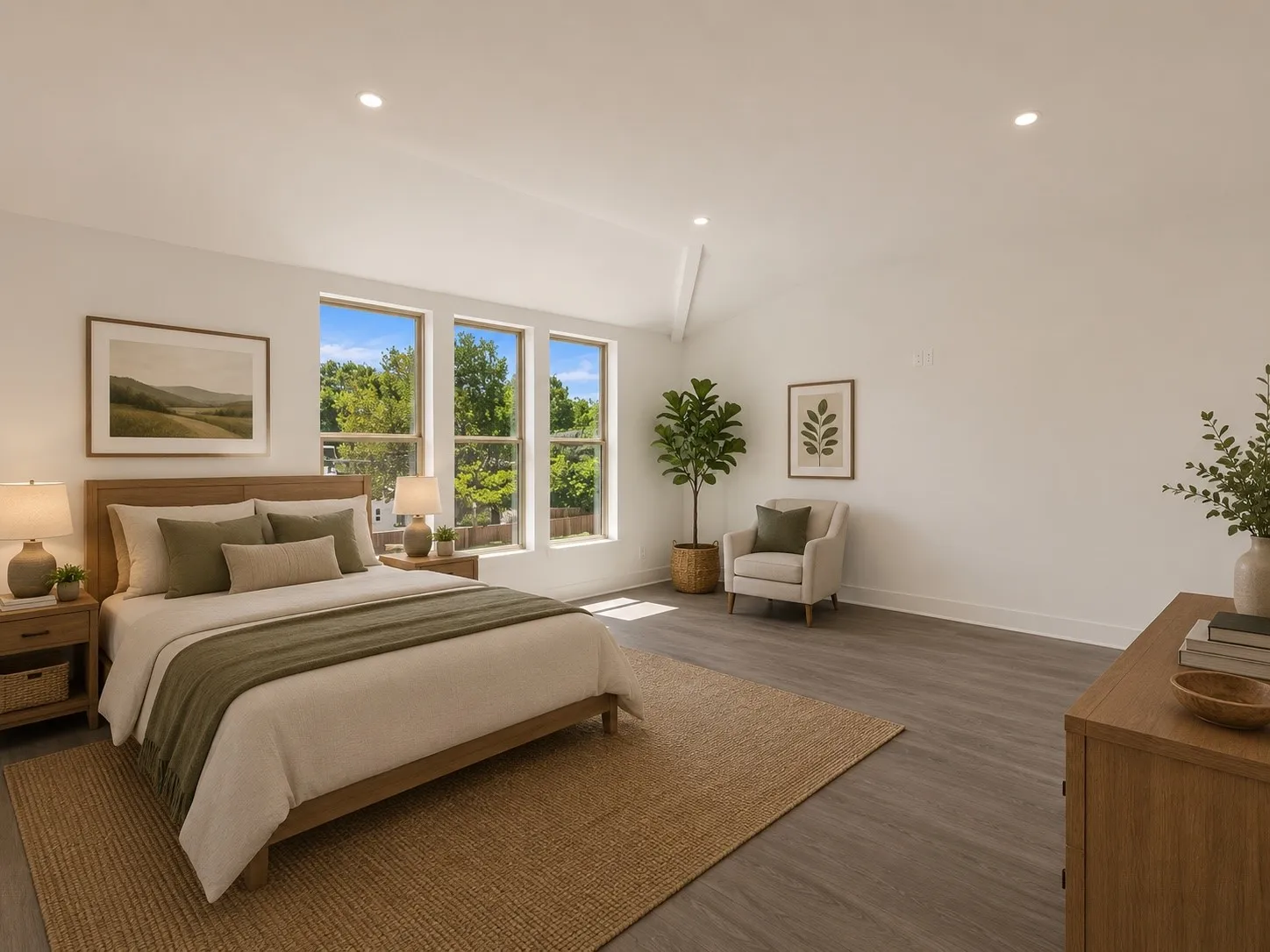 Vaulted ceiling with recessed lighting, three large windows, wood-finish flooring, and crisp white walls
