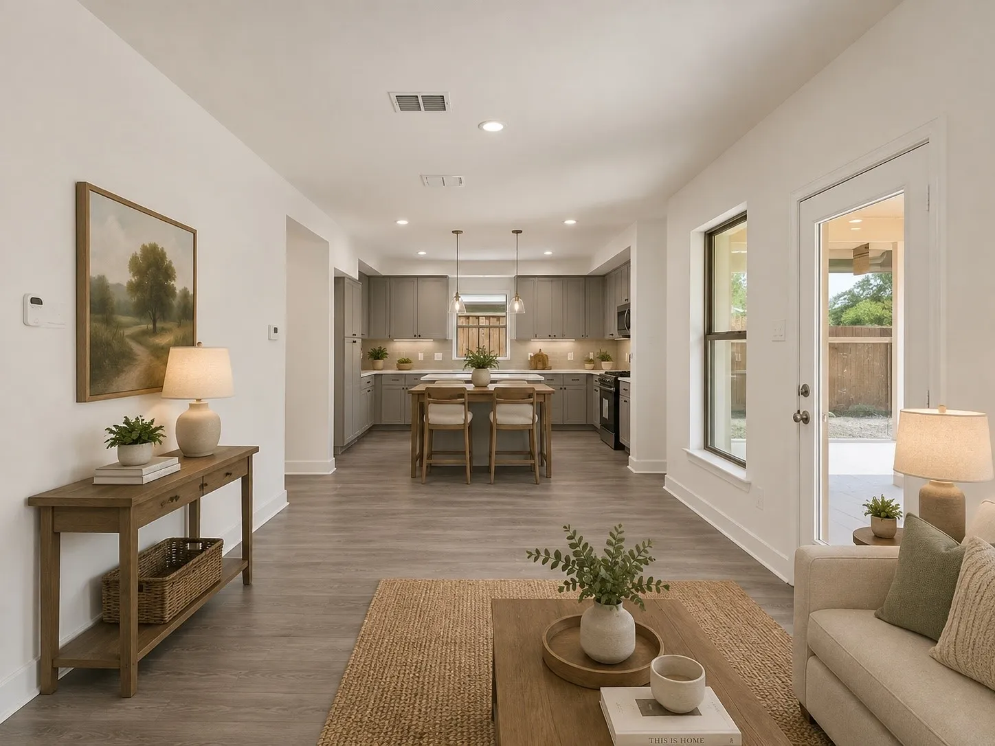 Open-concept living space with wood-finish flooring, a kitchen featuring gray cabinetry and stainless steel appliances, and recessed lighting