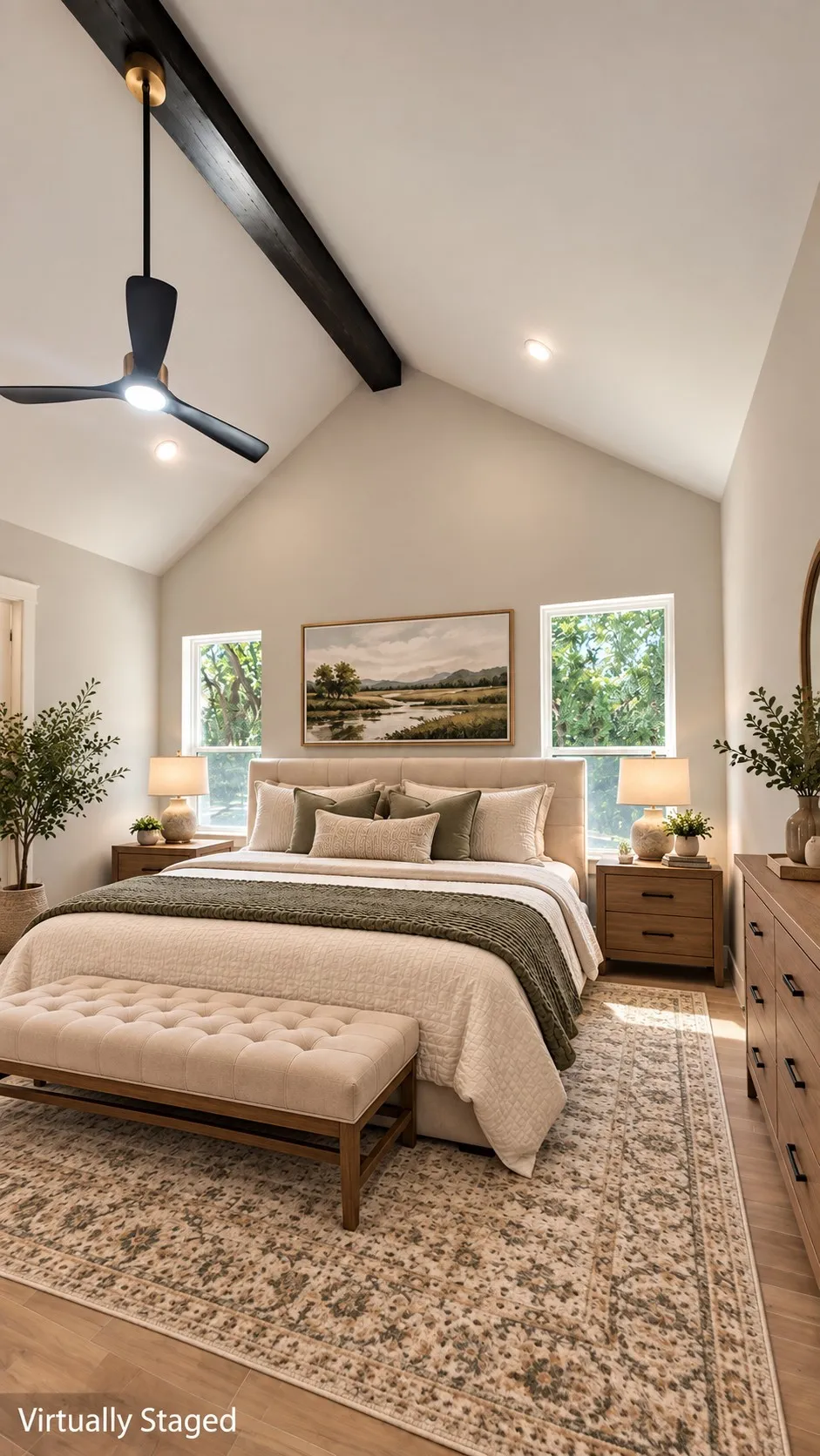 Vaulted ceiling with exposed wood beam, recessed lighting, and a ceiling fan