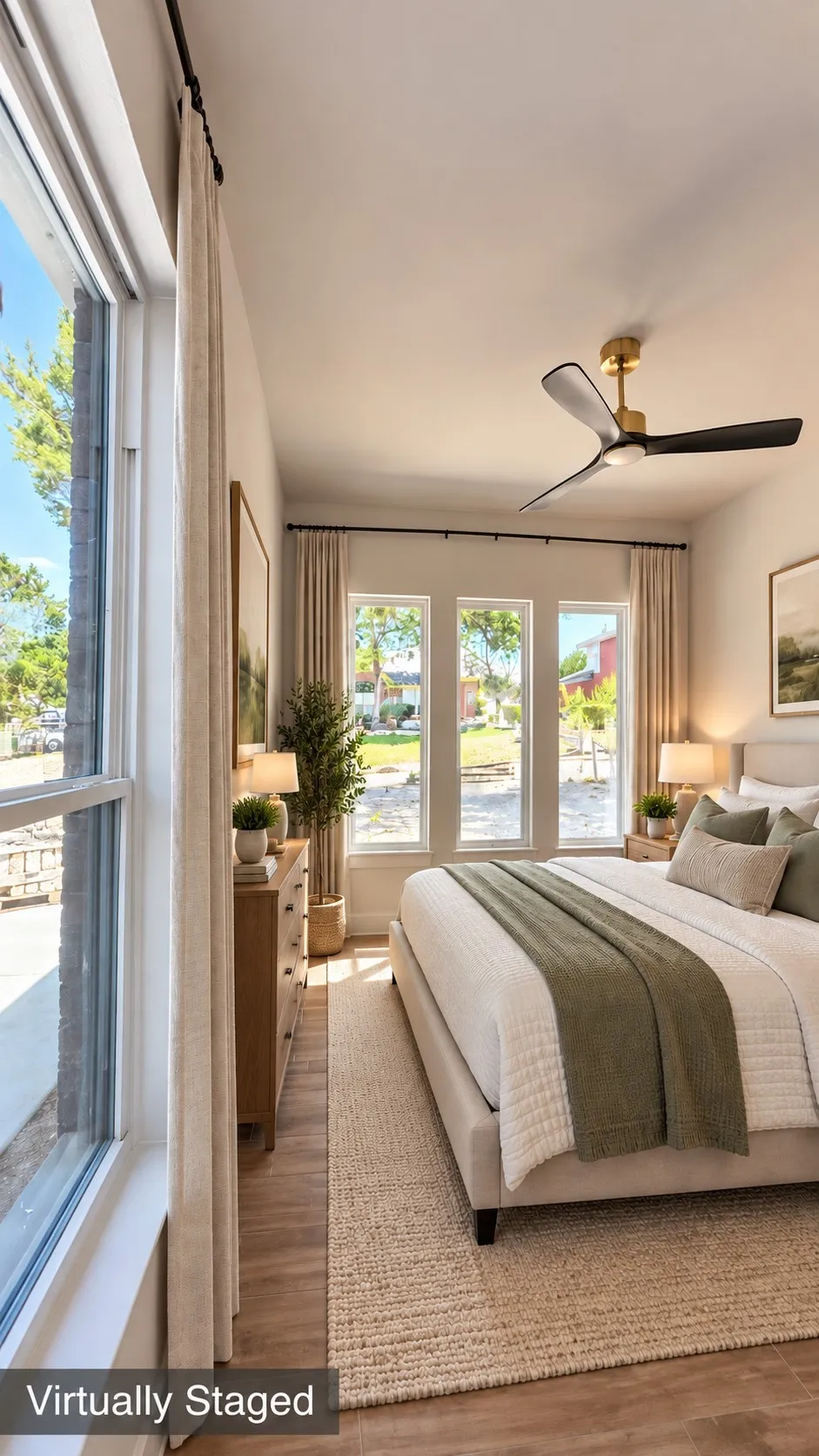 Wood-finish flooring, multiple windows providing natural illumination, and a ceiling fan with integrated lighting